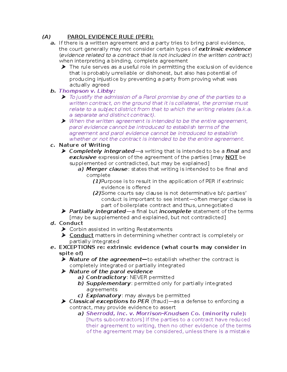 Contracts Law Outline - 1 - (A) PAROL EVIDENCE RULE (PER): a. If there ...