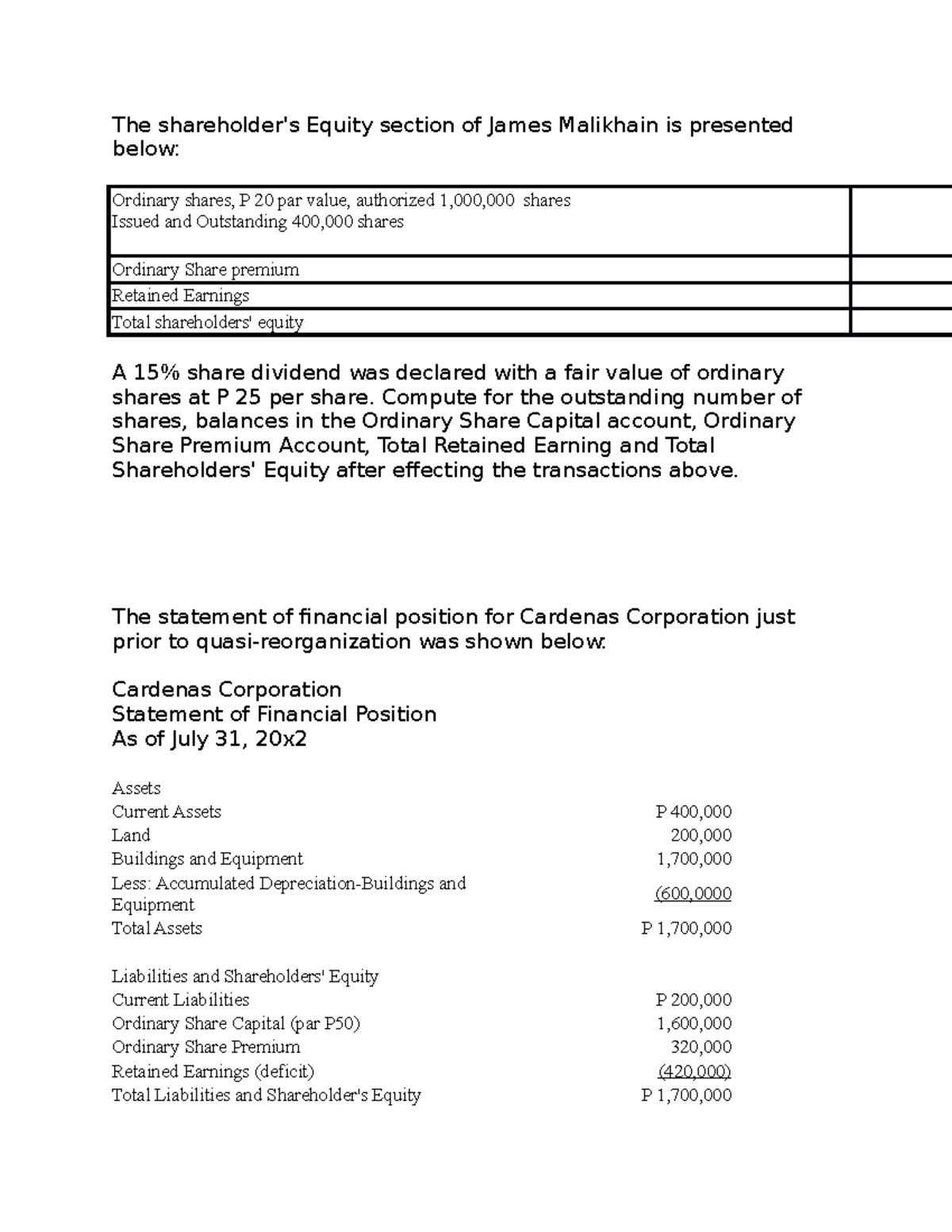 ACT21 Reviewer The shareholder's Equity section of James Malikhain