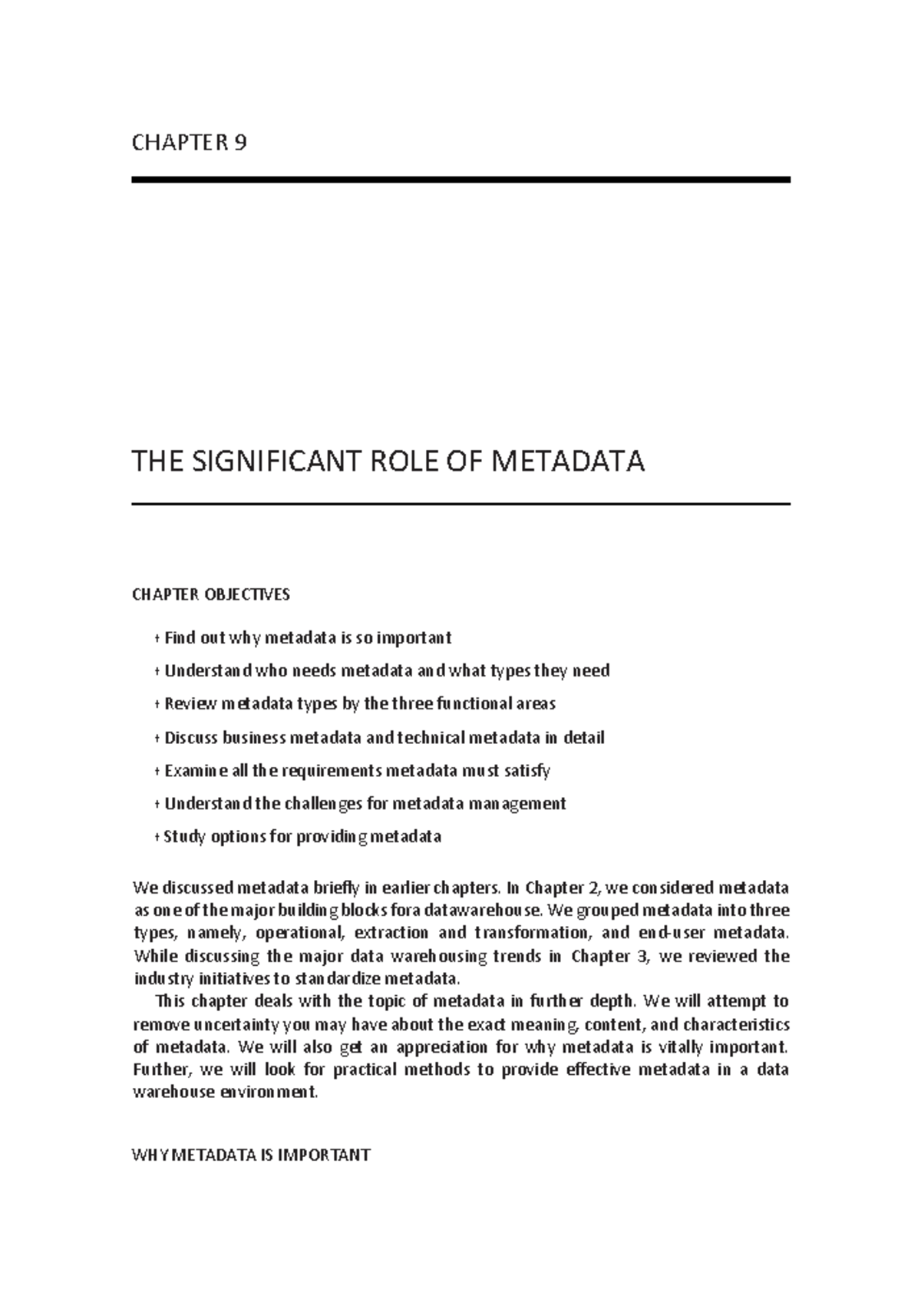 Chapter 9 - notes - CHAPTER 9 THE SIGNIFICANT ROLE OF METADATA CHAPTER ...