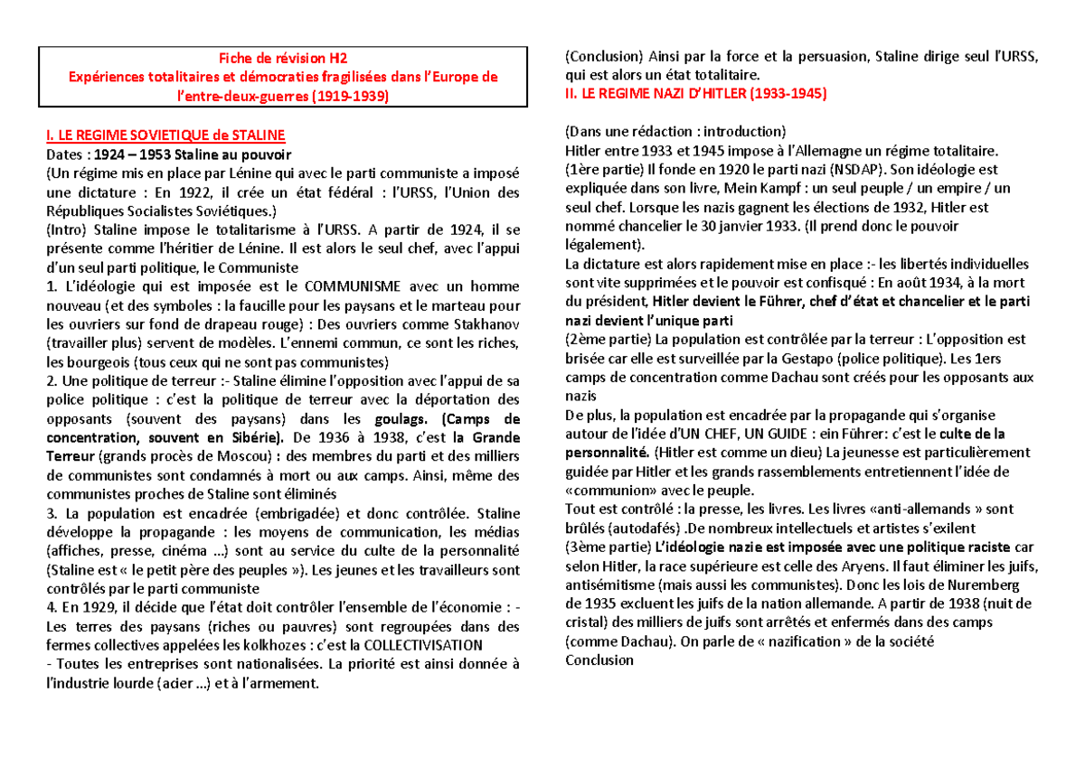 Fiche de révision H2 - Expériences totalitaires et démocraties