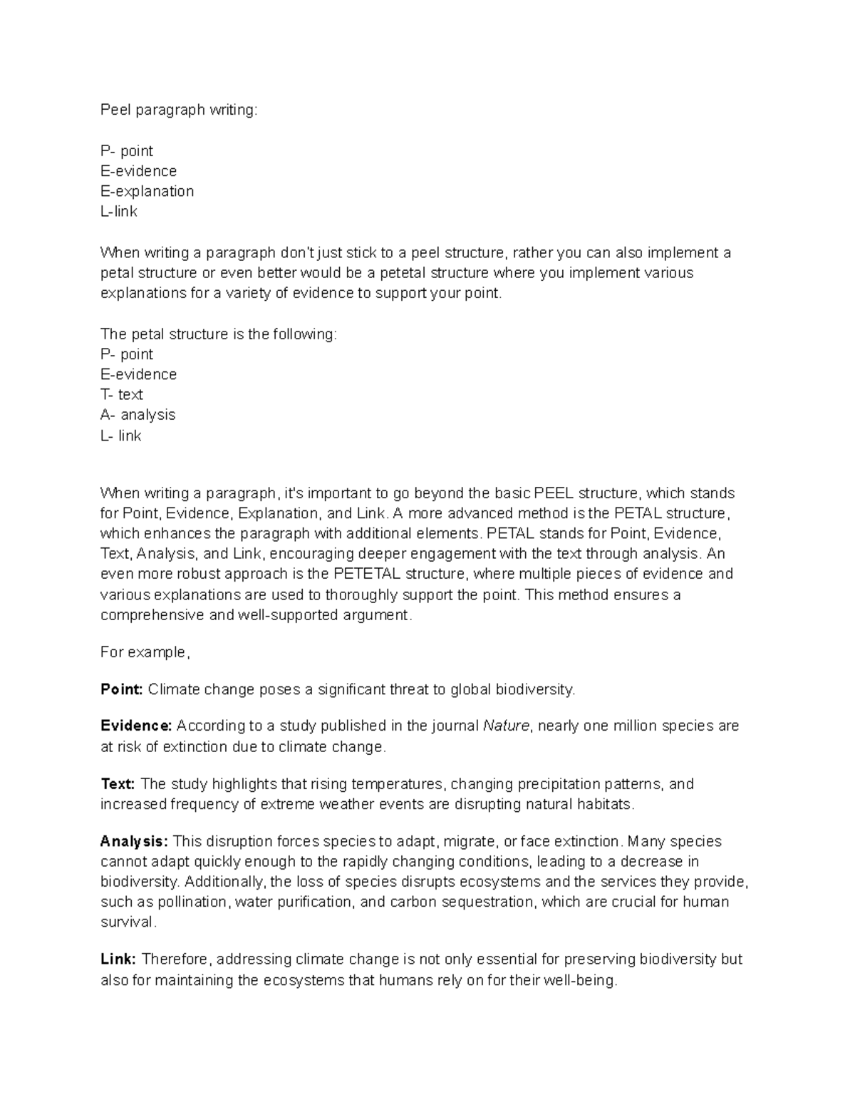 Peel paragraph writing - The petal structure is the following: P- point ...