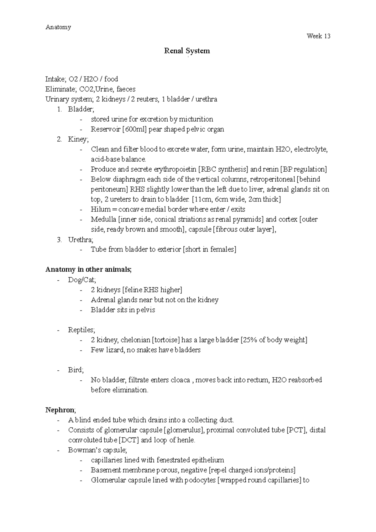 Renal System - w13 - Lecture notes 13 - Week 13 Renal System Intake; O2 ...