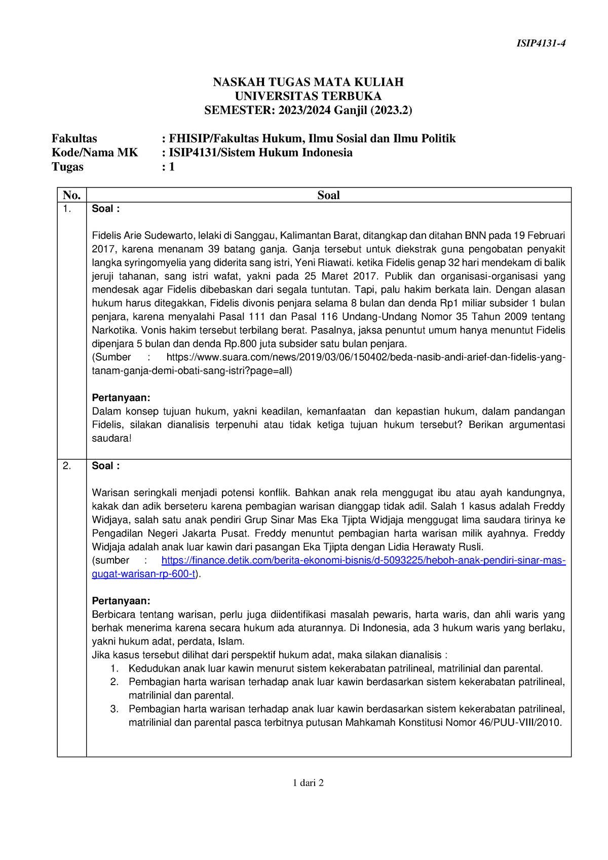 Soal Sistem Hukum Indonesiaa - ISIP4131- 4 1 Dari 2 NASKAH TUGAS MATA ...
