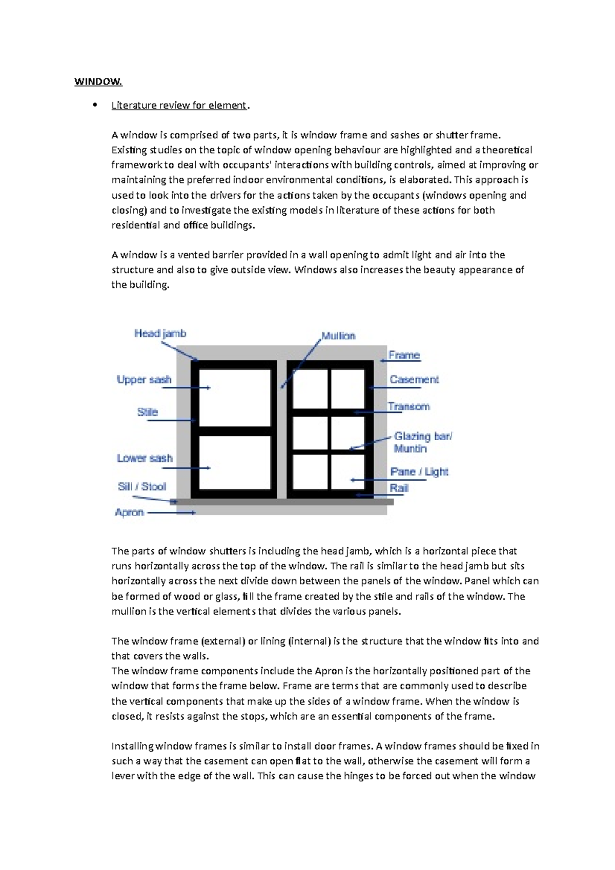 Literature review Window WINDOW. Literature review for element. A