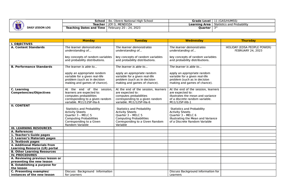 Daily Lesson LOG SP(feb20-24) - grade 11 Math - Studocu