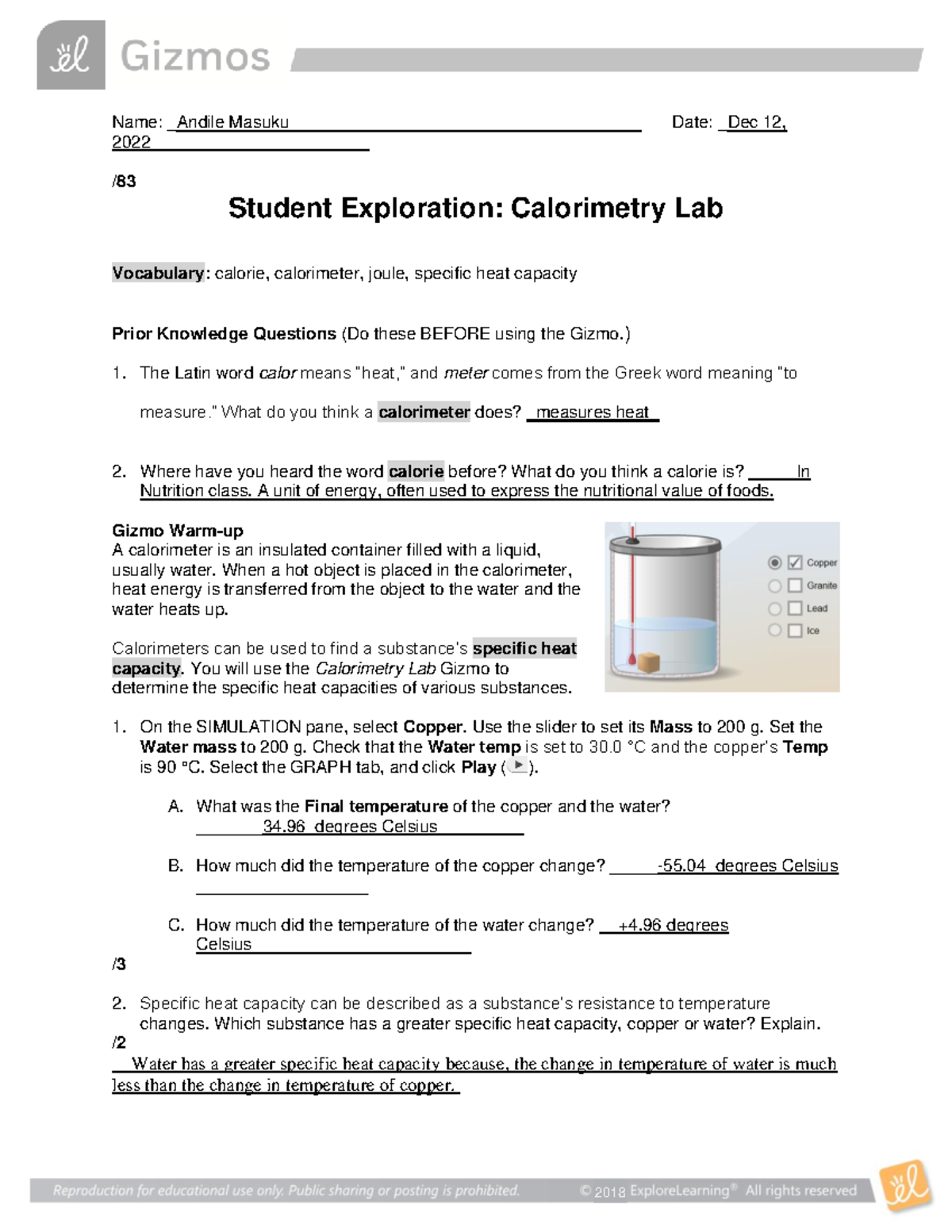 Calorimetry Lab SE notes Name Andile Masuku