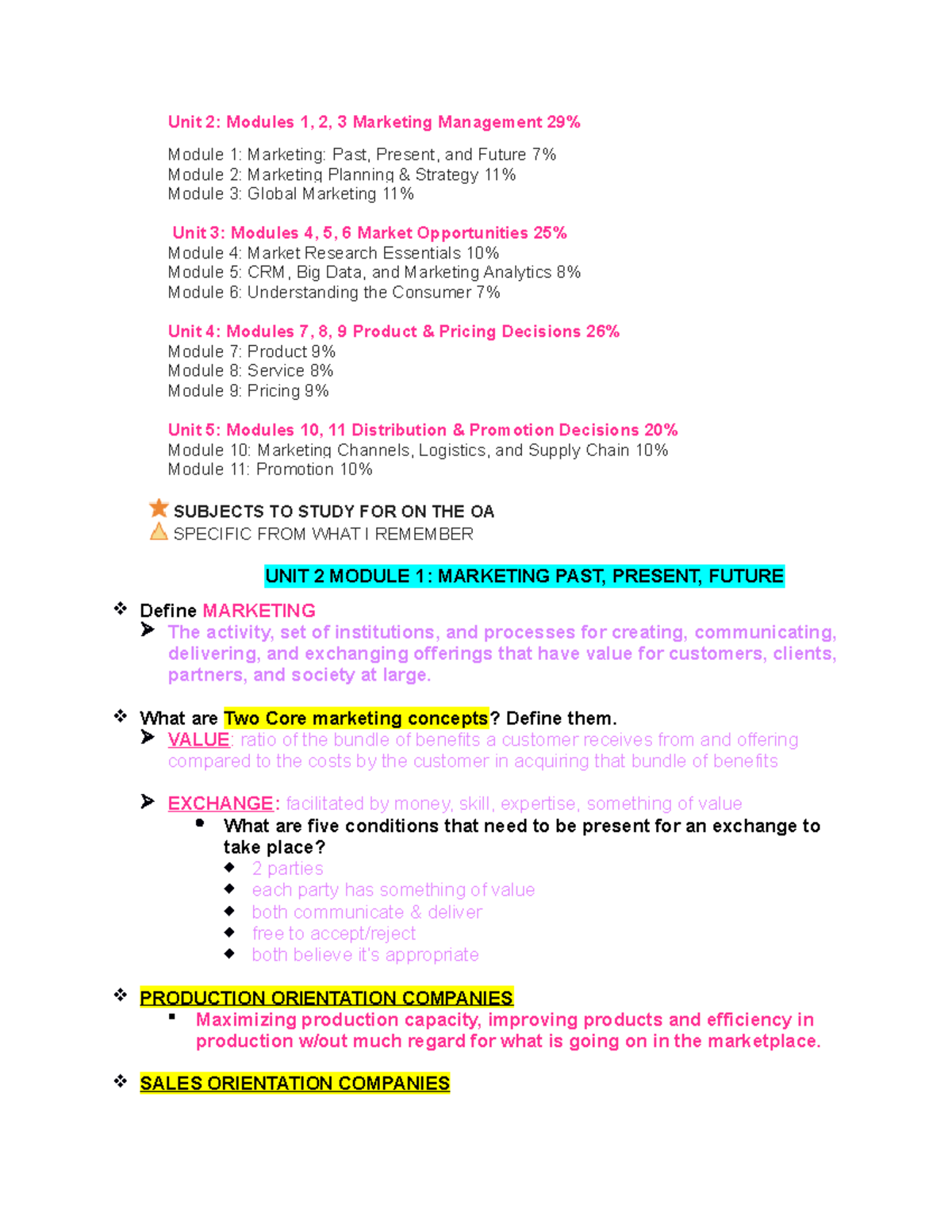 D174 Marketing Management Study Guide Modules 1-11 - Unit 2: Modules 1 ...