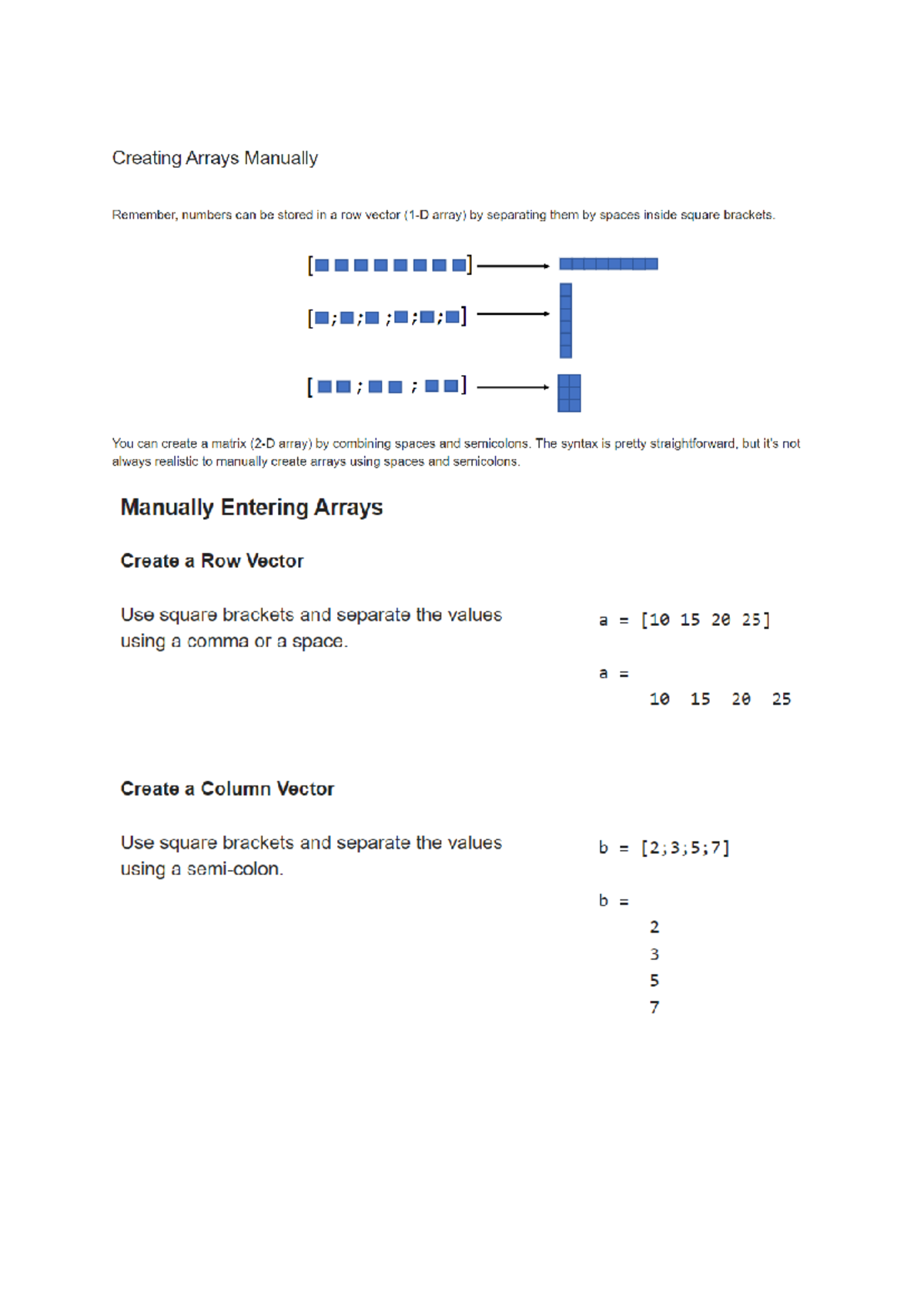 Matlab - asdasd - Creating Arrays Manually Remember, numbers can be ...
