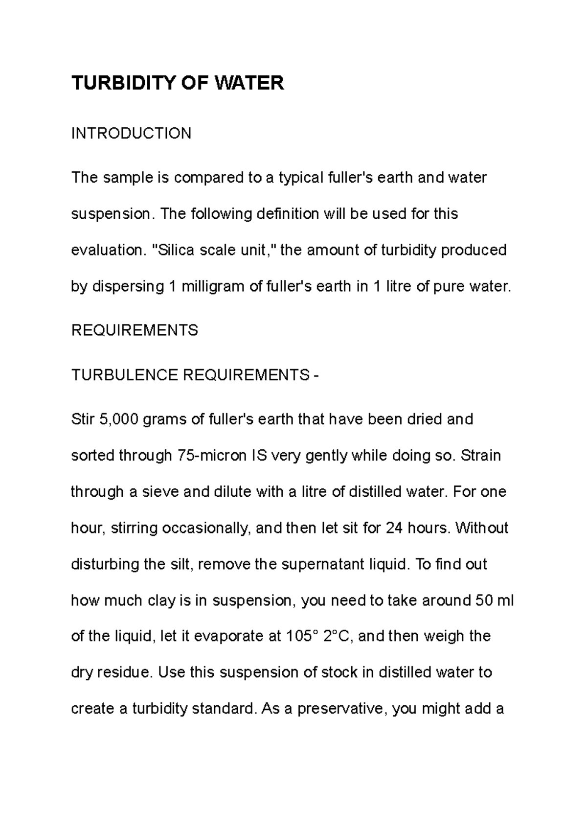 Turbidity OF Water - Notes - TURBIDITY OF WATER INTRODUCTION The sample ...