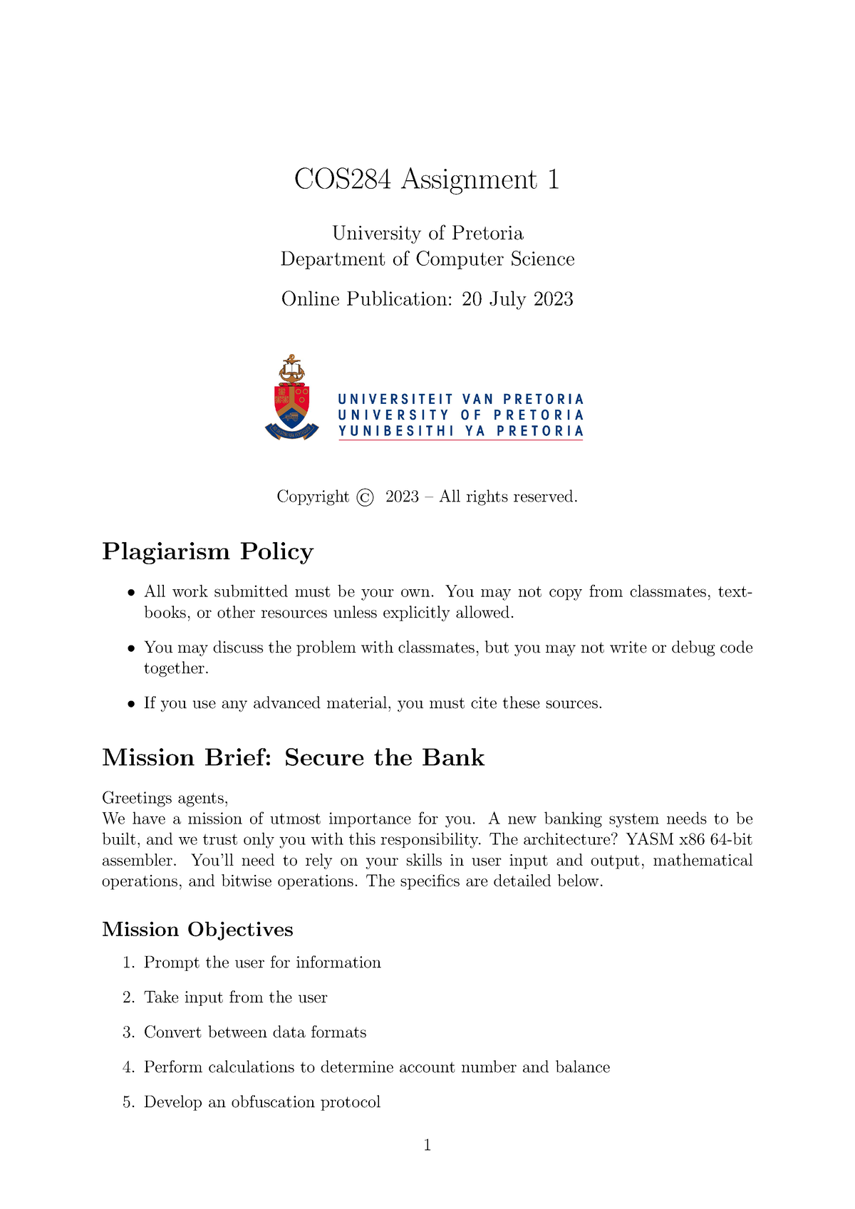 university of pretoria assignment cover page