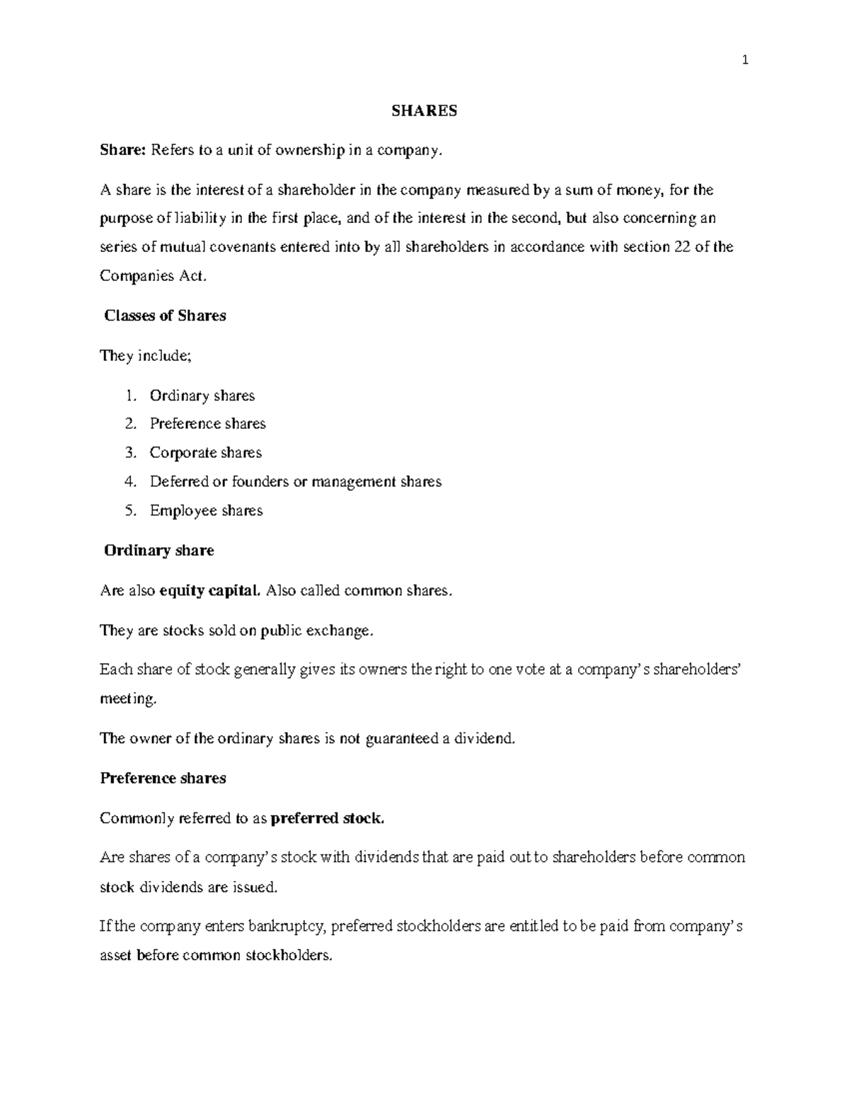 Shares Notes - SHARES Share: Refers to a unit of ownership in a company ...