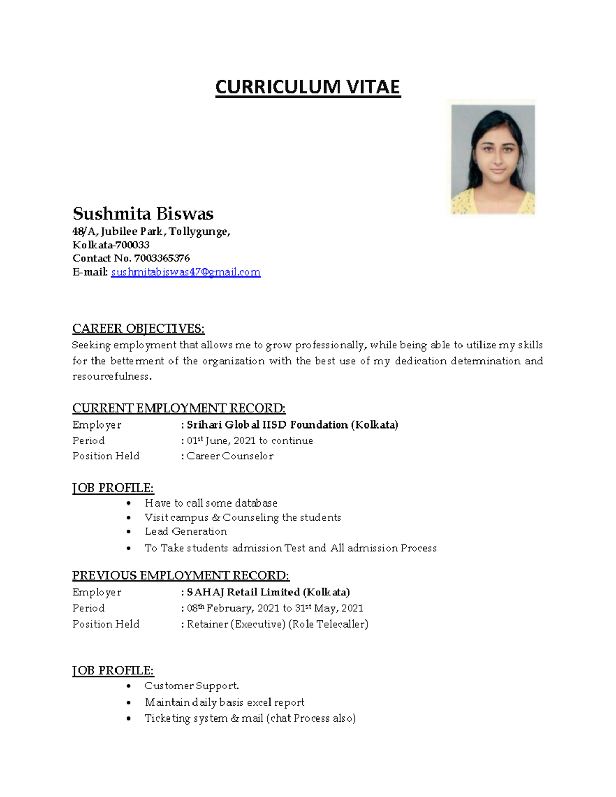 Resume Sushmita Biswas - CURRICULUM VITAE Sushmita Biswas 48/A, Jubilee ...