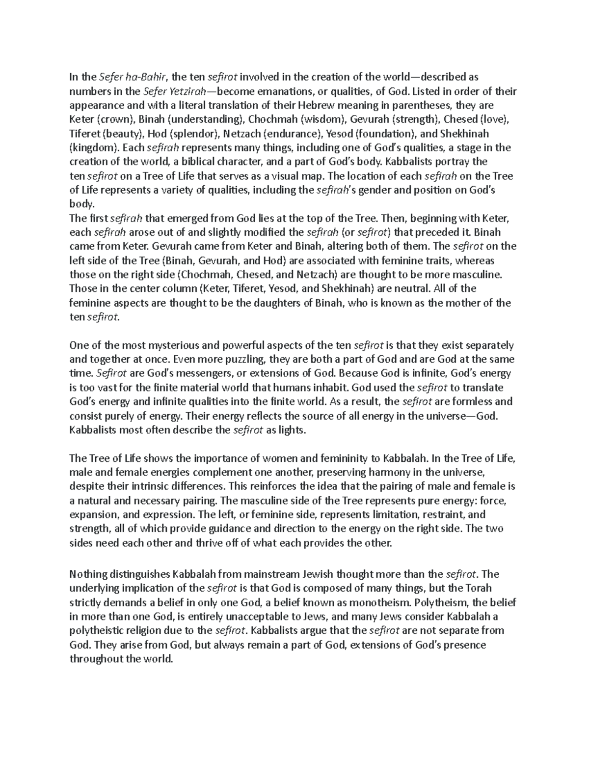 Phillosophy 395 - Lecture Book Notes - In the Sefer ha-Bahir, the ten ...
