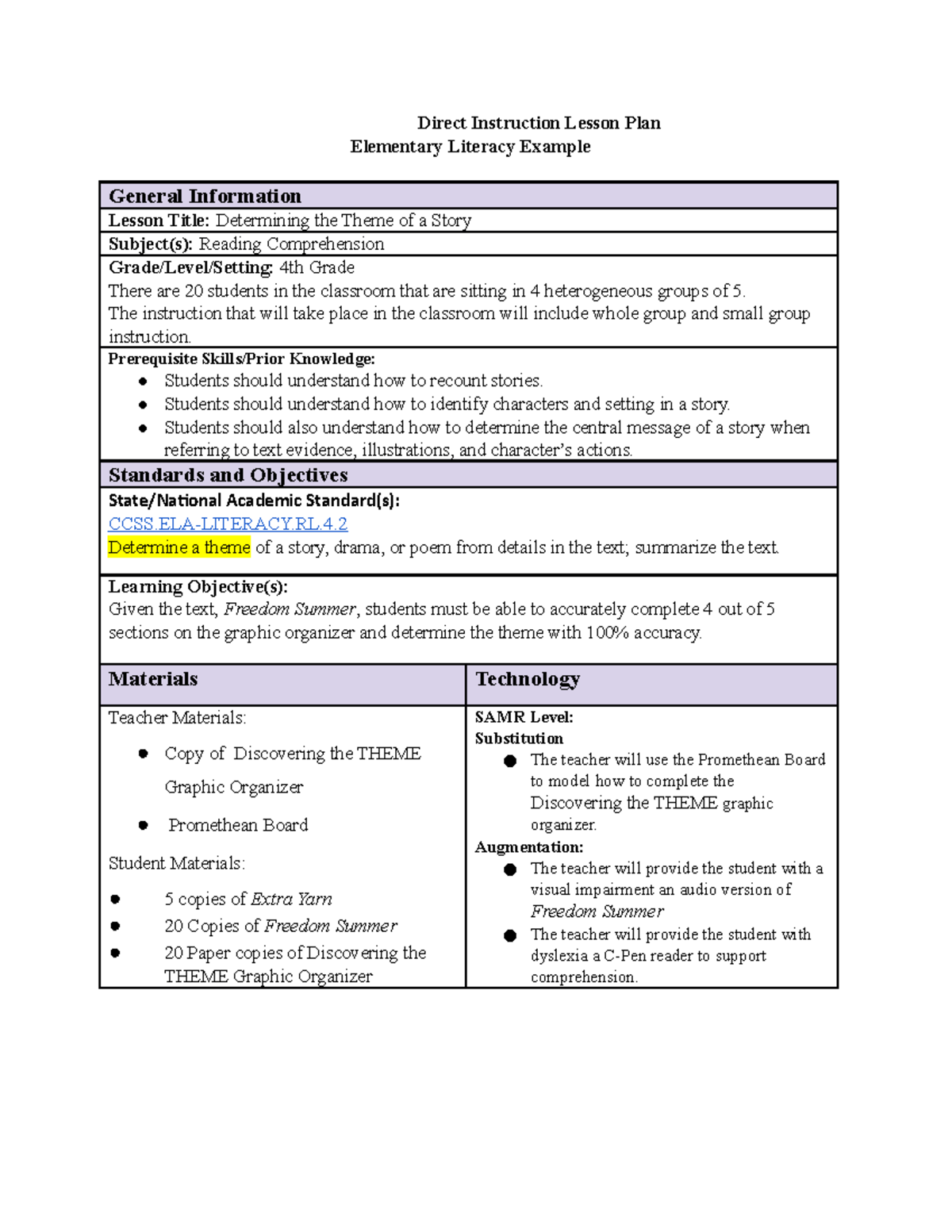 Ela Lesson Plan Example