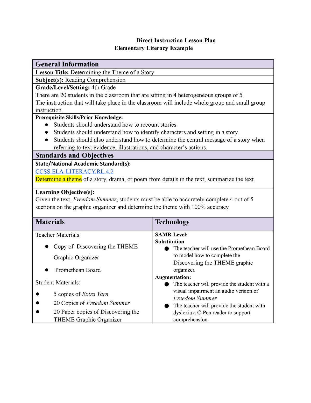Direct Instruction Lesson Plan Example Theme Freedom Summer Direct Instruction Lesson Plan 