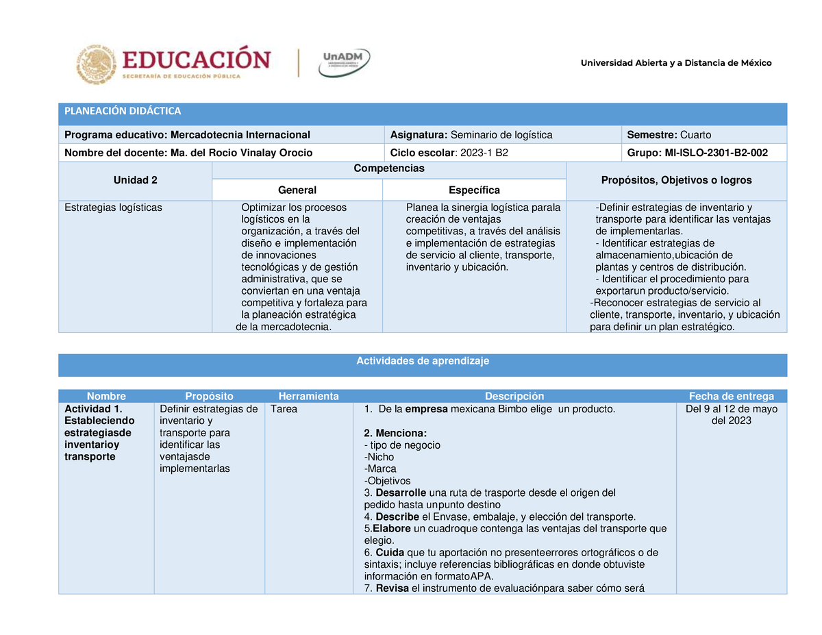 Planeación Didáctica Unidad 2 - PLANEACI”N DID¡CTICA Programa Educativo ...