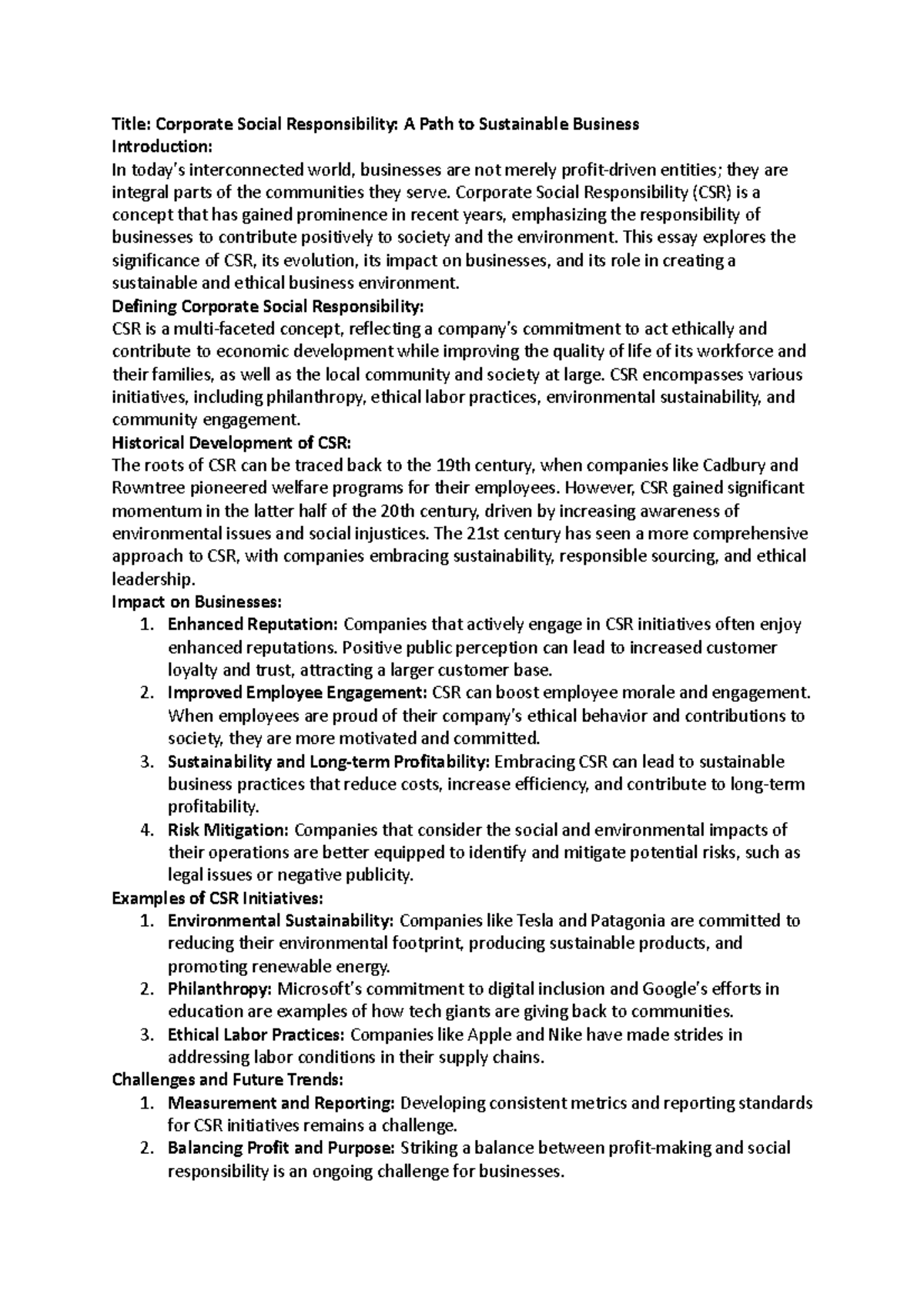 CSR Essay - Title: Corporate Social Responsibility: A Path to ...
