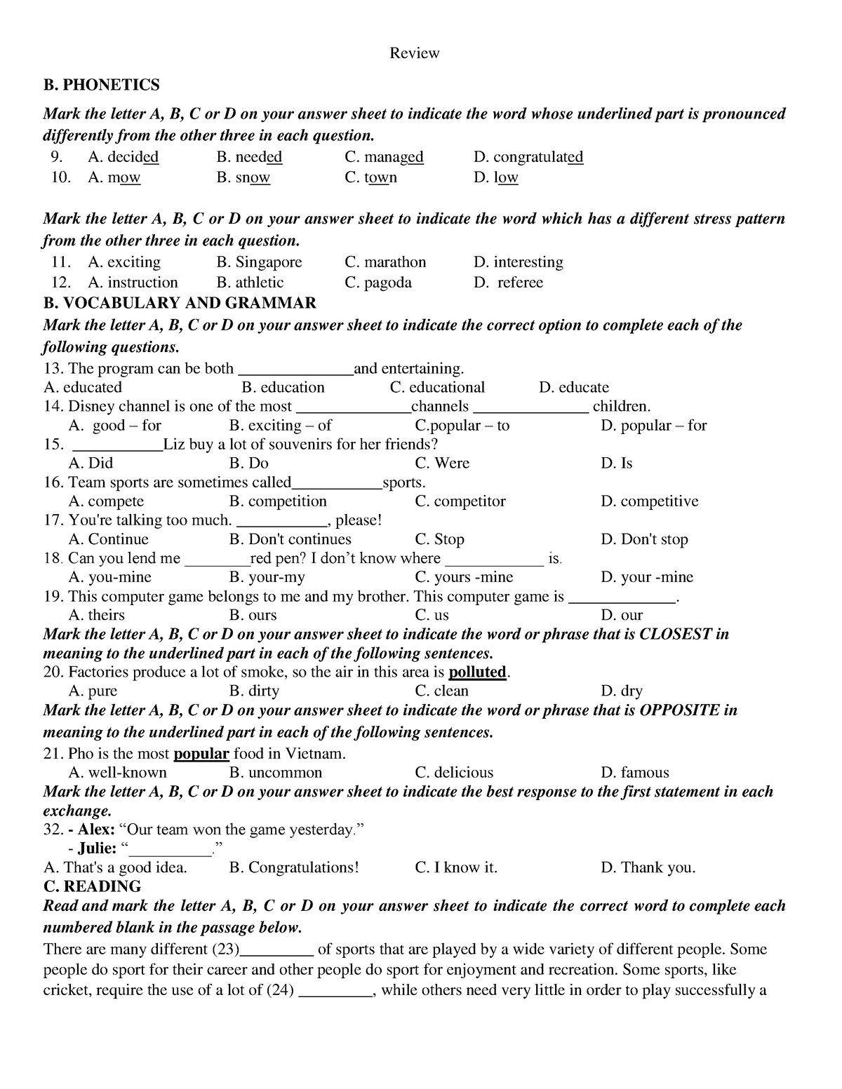 Review For The Test - Review B. PHONETICS Mark The Letter A, B, C Or D ...