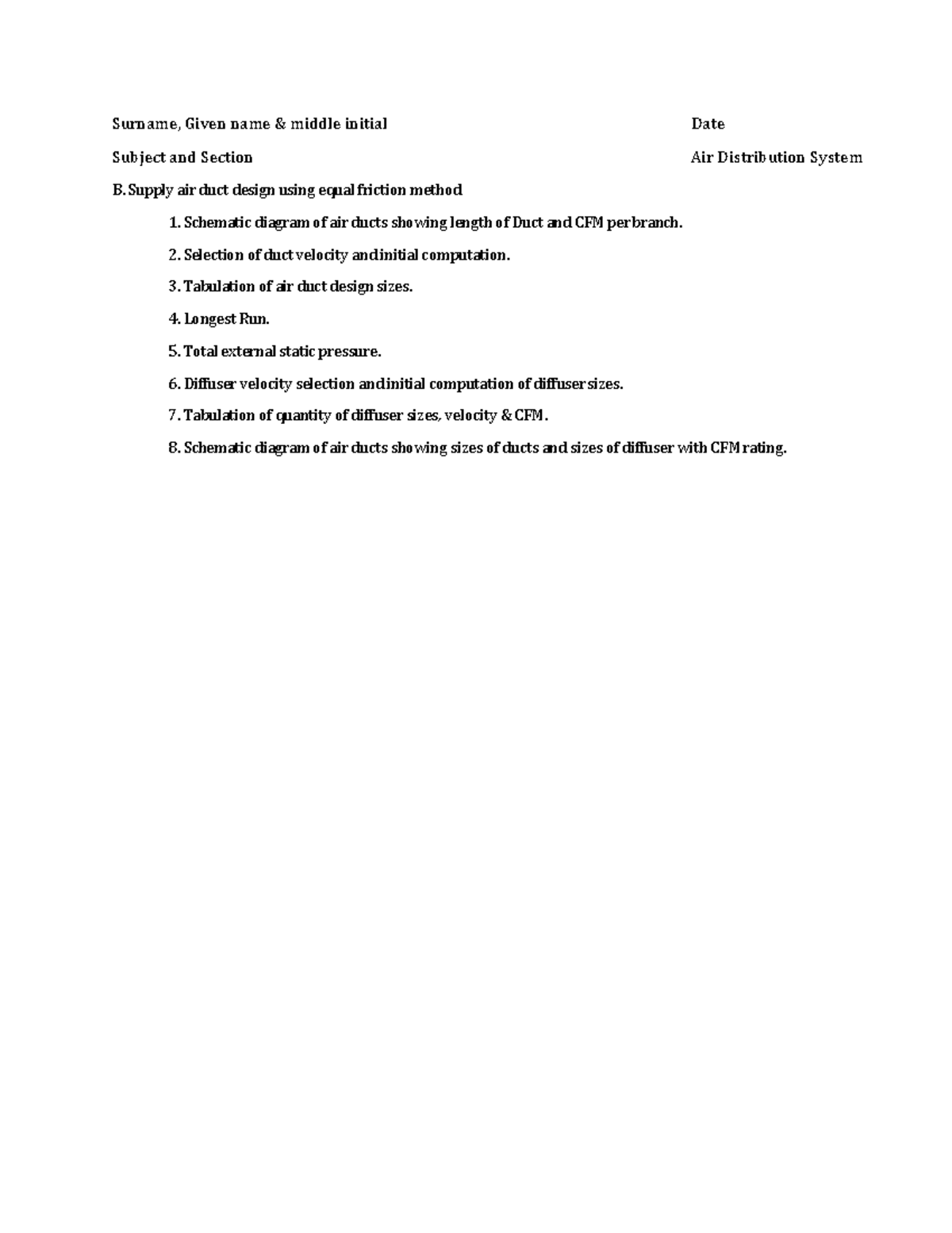 Sample of Air Distribution System - Surname, Given name & middle ...
