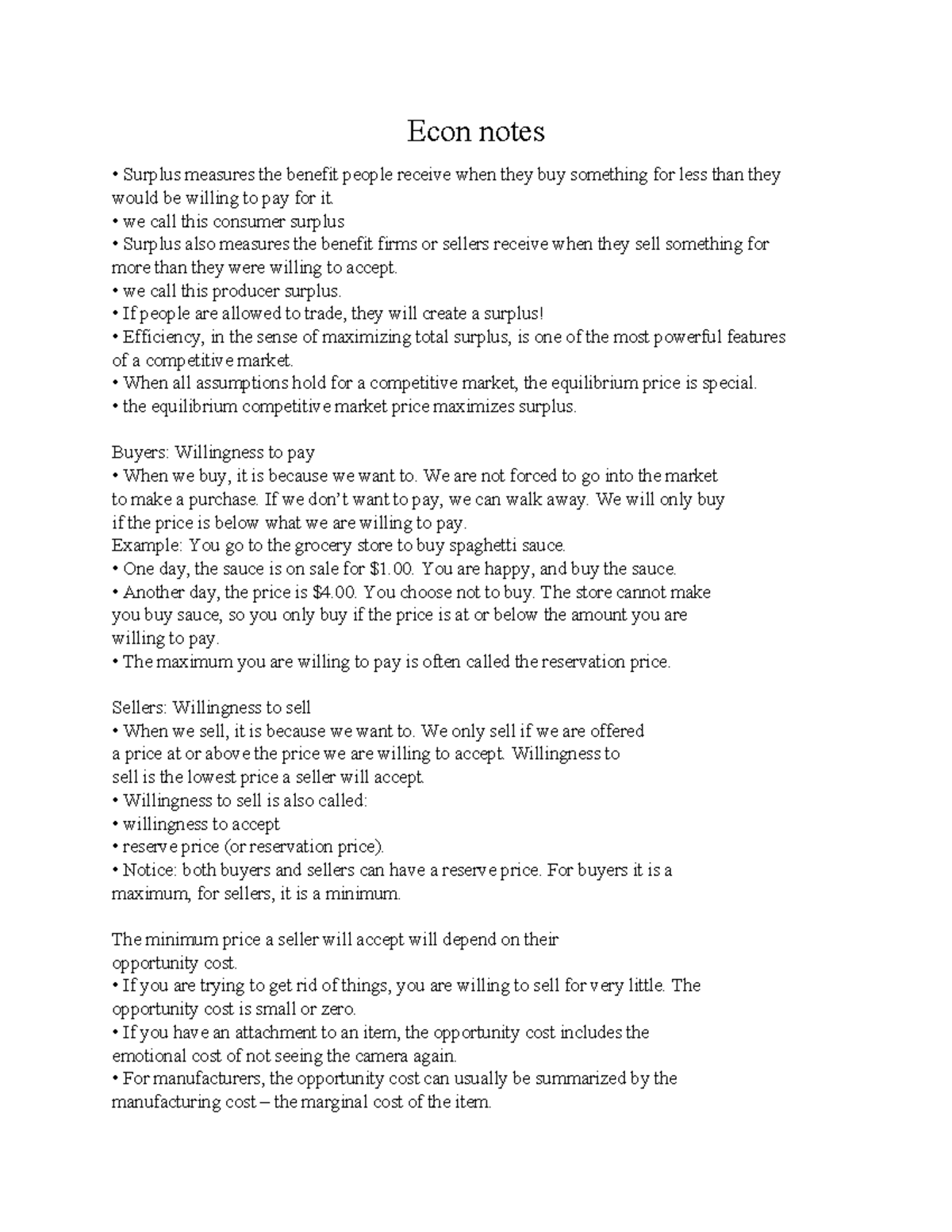 Micro notes 5 - early chapters - Econ notes Surplus measures the ...