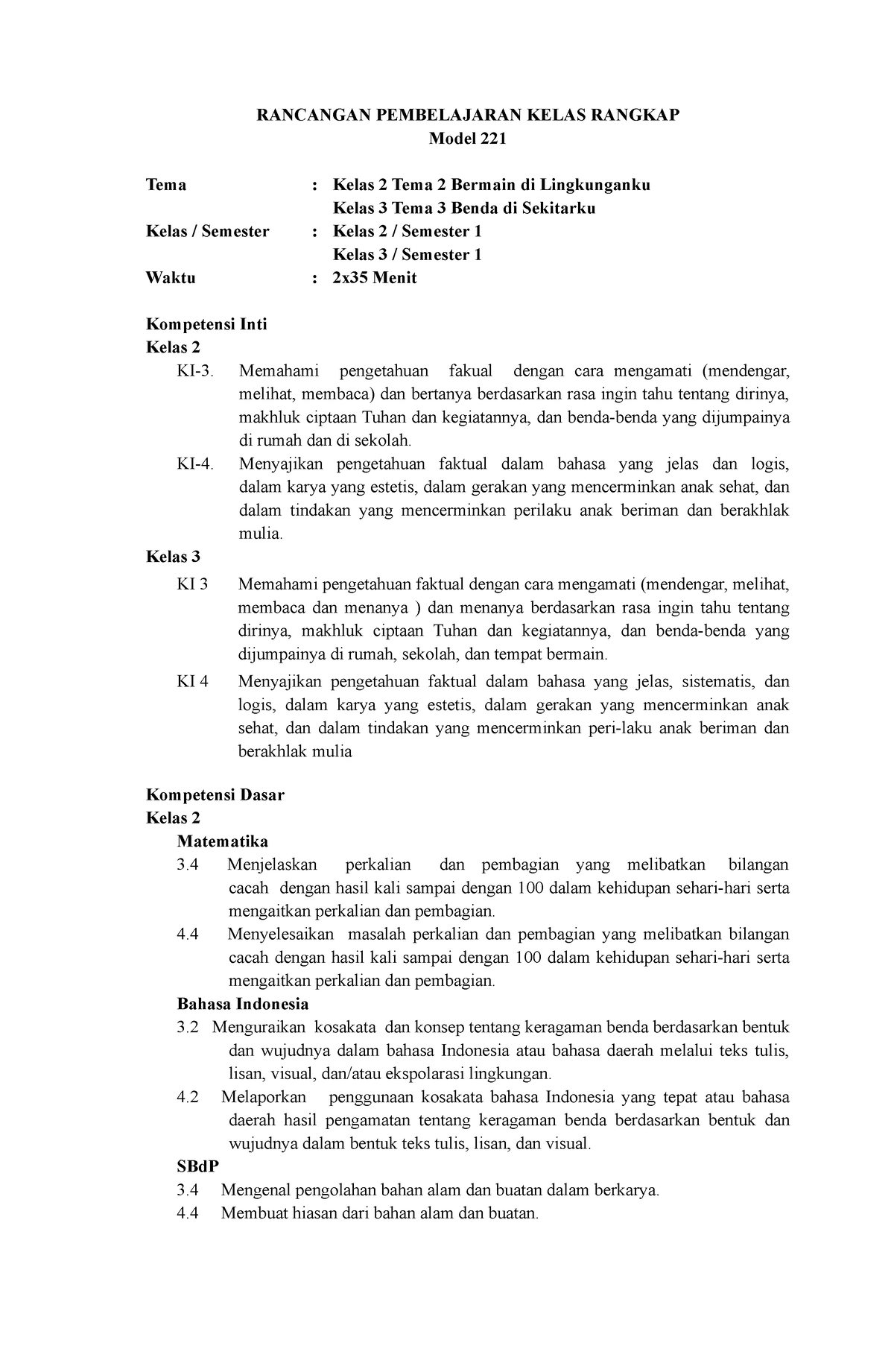 Rpp Kelas Rangkap Model 221 Rancangan Pembelajaran Kelas Rangkap Model 221 Tema Kelas 2 Tema 