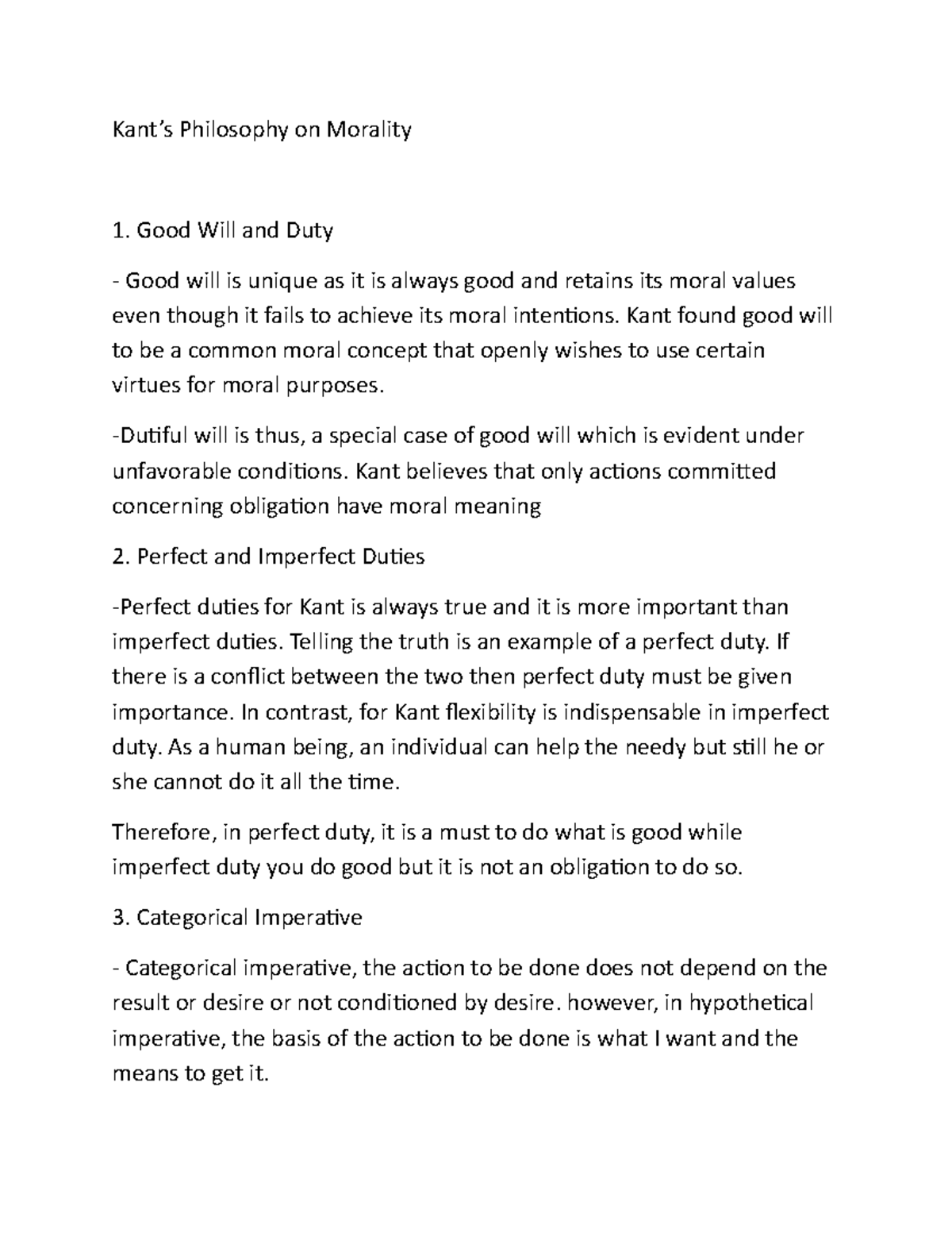 Ethics 2 - Notes - Kant’s Philosophy on Morality Good Will and Duty ...