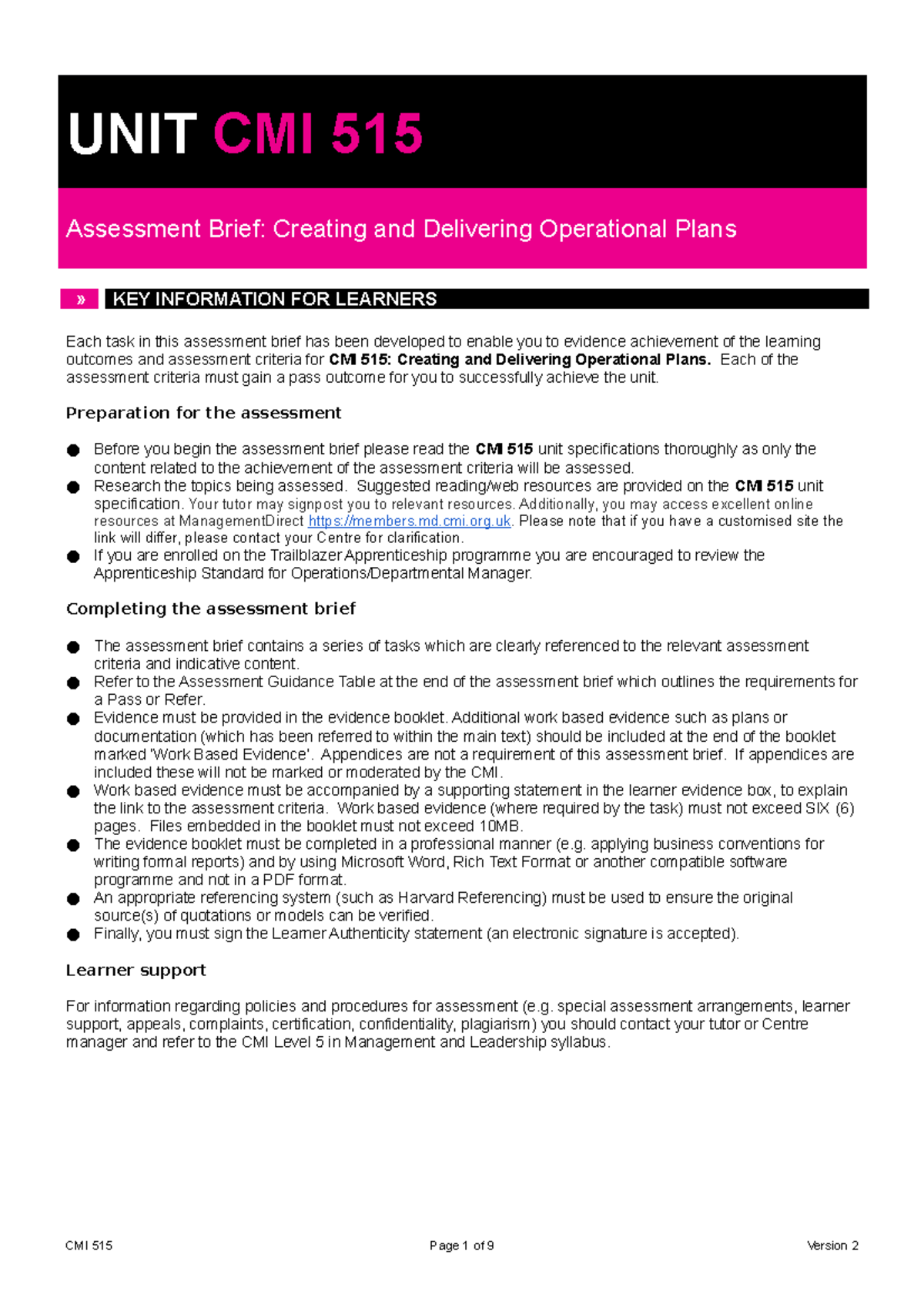 Unit 515 Creating and Delivering Operational Plans AB - Each of the ...