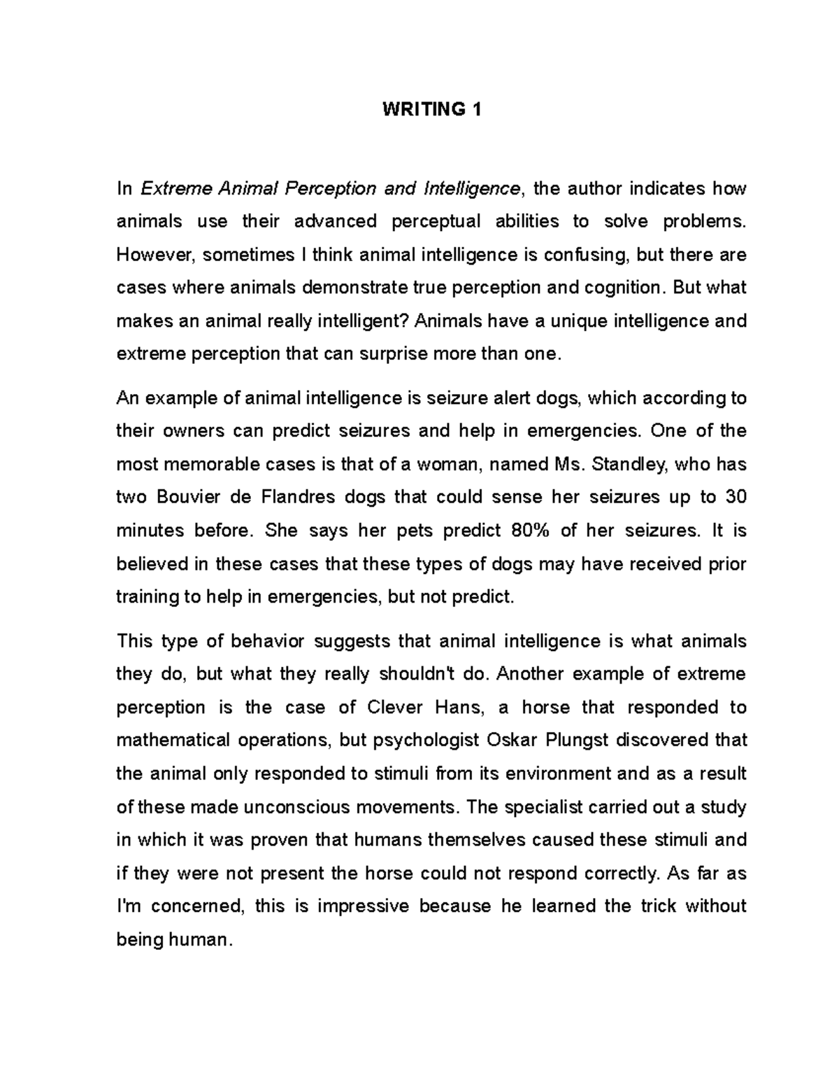 Writing 1 - DE LA CRUZ Angie - WRITING 1 In Extreme Animal Perception ...