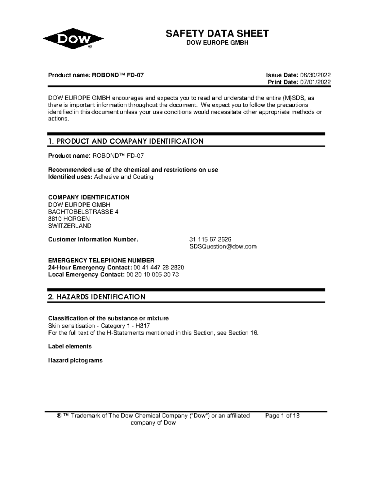 SDS- Robond™ FD-07-EG-EN - ® ™ Trademark of The Dow Chemical Company ...