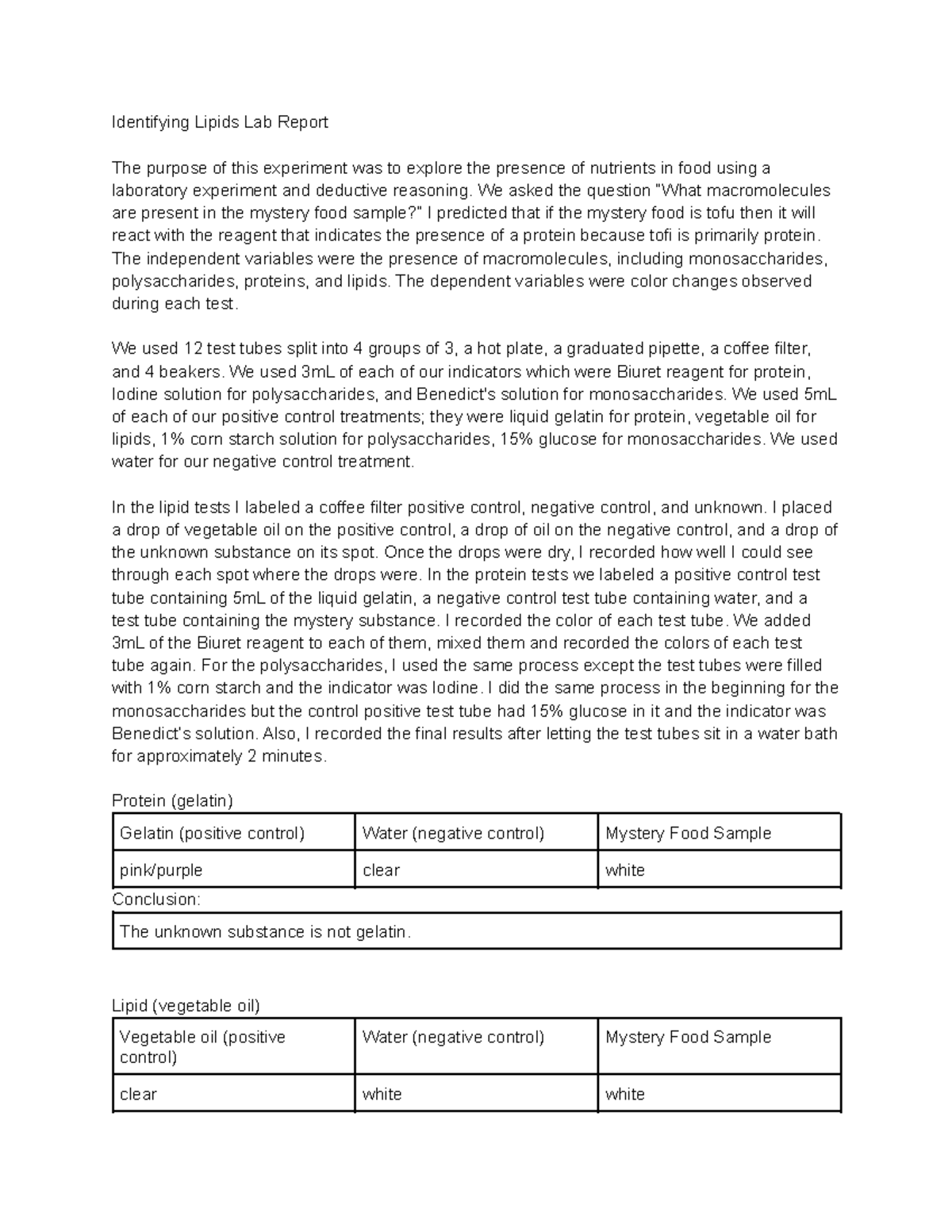 Identifying Lipids Lab Report We asked the question “What