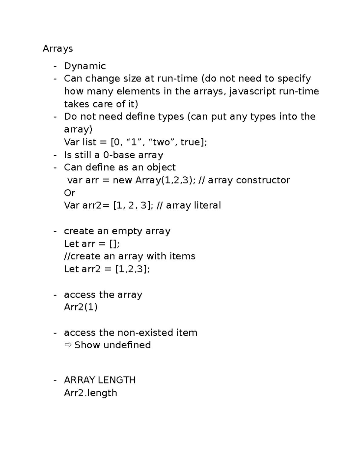 Array Javascript - notes - Arrays - Dynamic - Can change size at run ...