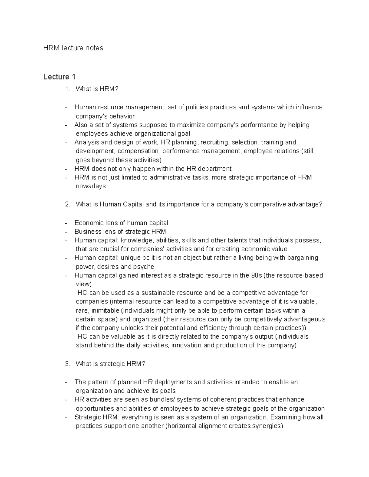 HRM Lecture Notes - HRM Lecture Notes Lecture 1 1. What Is HRM? Human ...