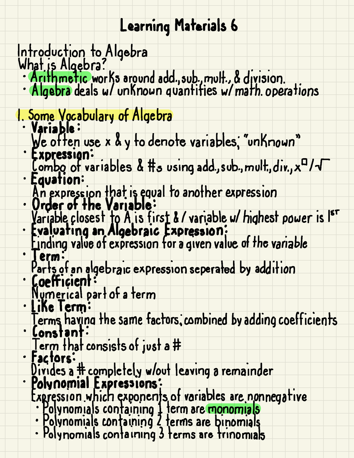 MATH 116 6 - Overview of Learning Materials 6: Introduction to Algebra ...