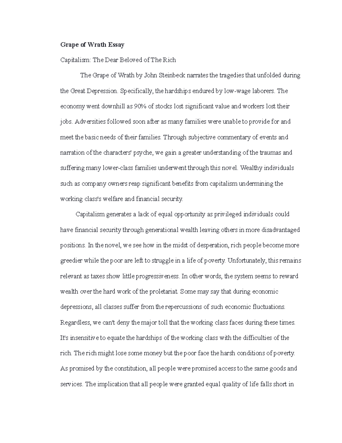 Grape of Wrath Essay - Grape of Wrath Essay Capitalism: The Dear ...