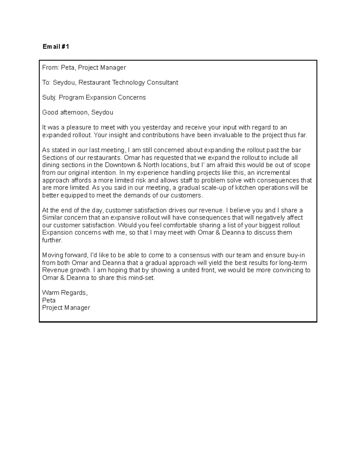 Email draft - Email # From: Peta, Project Manager To: Seydou ...