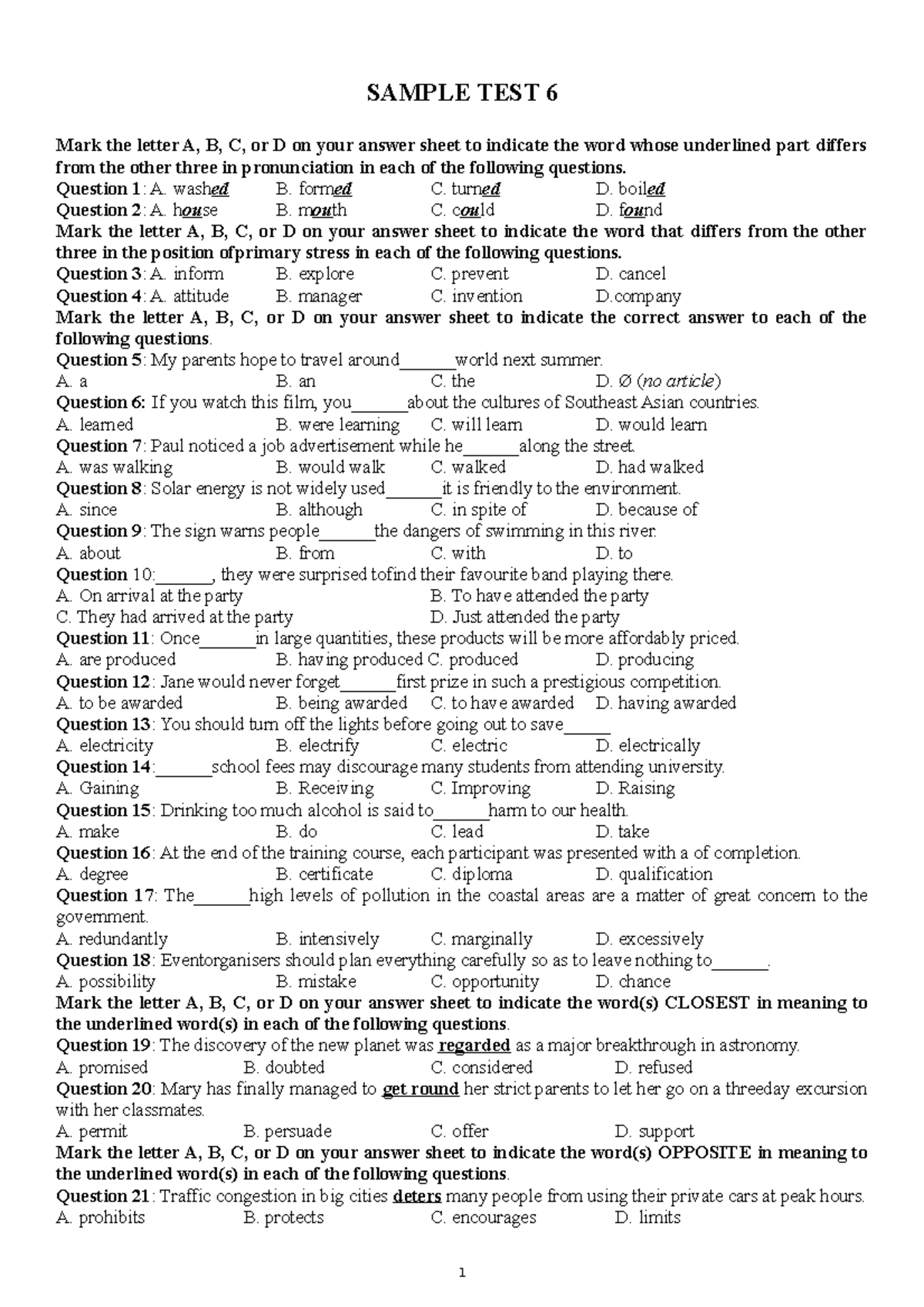 TEST 6 - Luyện Anh Văn - SAMPLE TEST 6 Mark The Letter A, B, C, Or D On ...