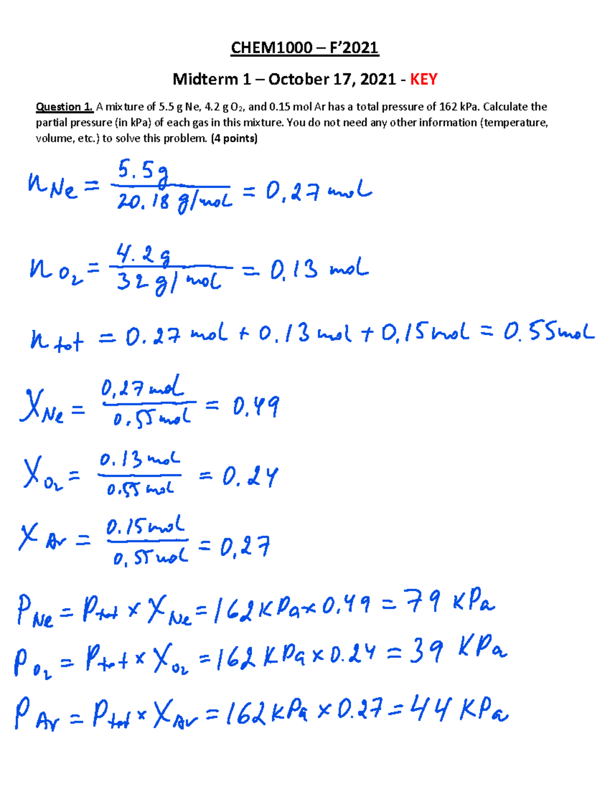 CHEM1000 - F21 - Midterm 1 - Answer KEY - CHEM1000 – F’ Midterm 1 ...