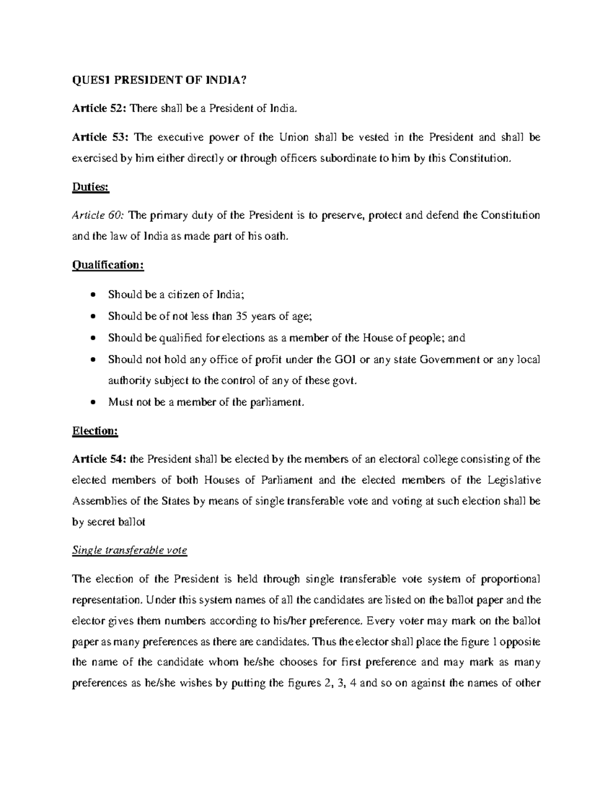 Unit II Consti - Summary Contract law - QUES1 PRESIDENT OF INDIA ...