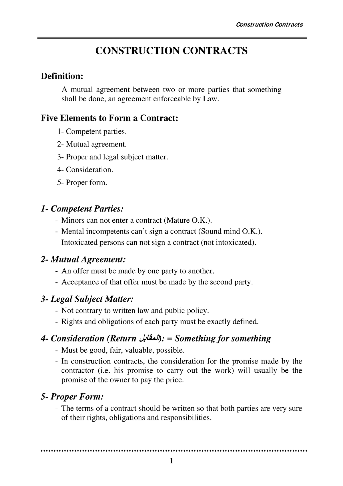 2b- Contracts 2 - CONSTRUCTION CONTRACTS Definition: A mutual agreement ...