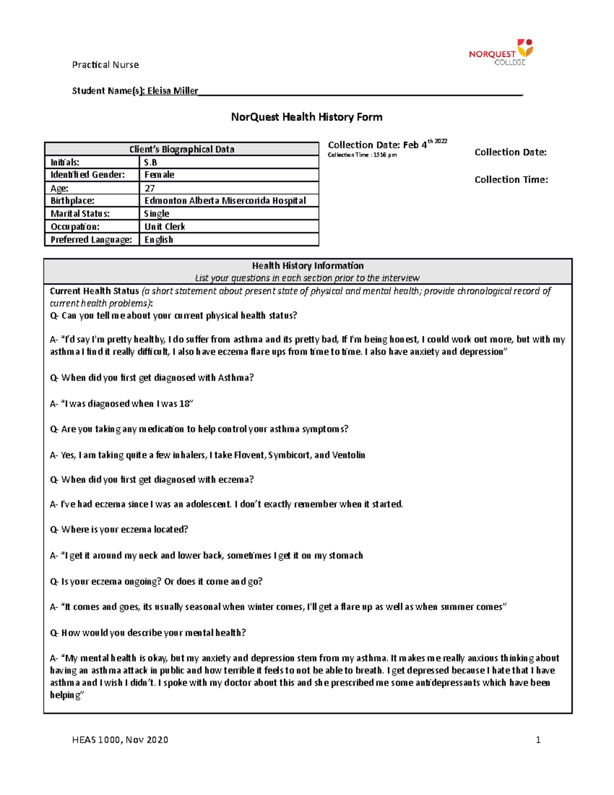 HEAS 1000 Health History Assignment Form-Revised Winter 2021 - HEAS1000 ...