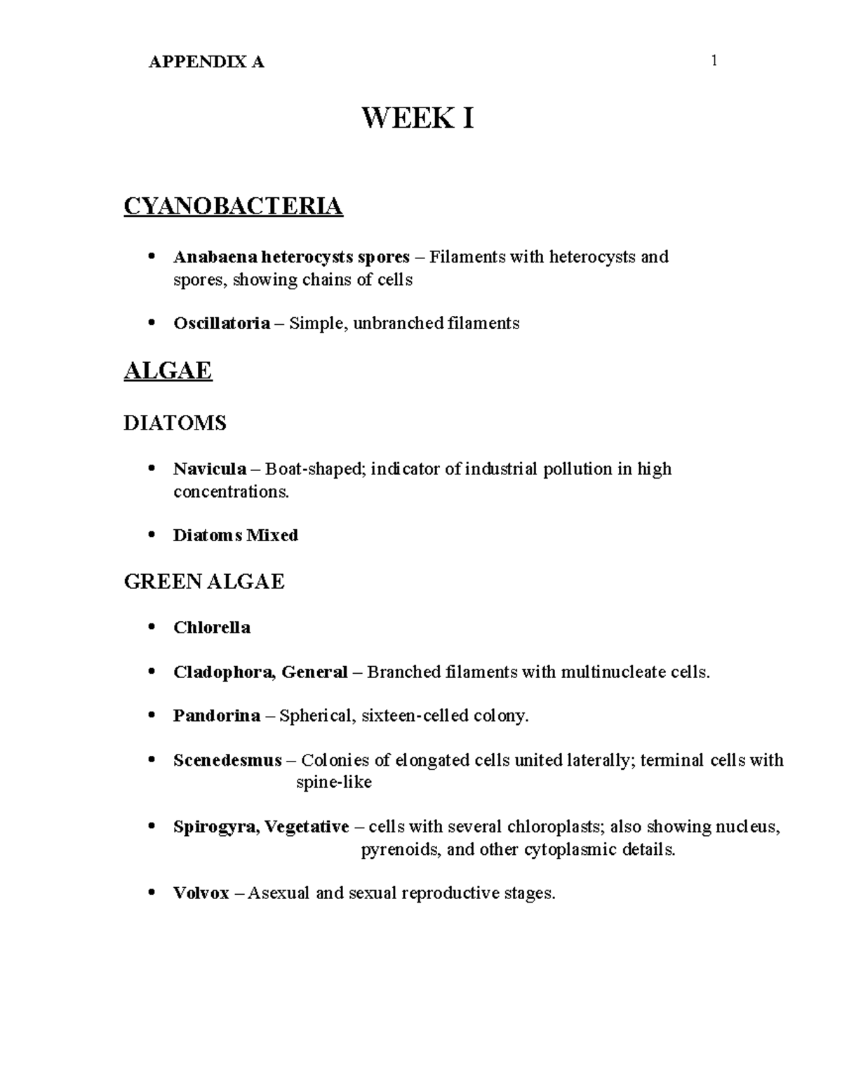 Appendix Week 1 prepared slides - APPENDIX A WEEK I CYANOBACTERIA ...