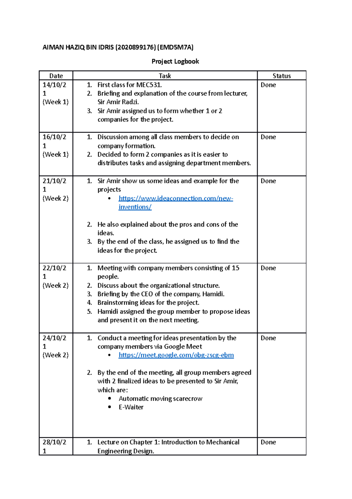 Project Logbook MEC531 AIMAN HAZIQ BIN IDRIS (2020899176) (EMD5M7A