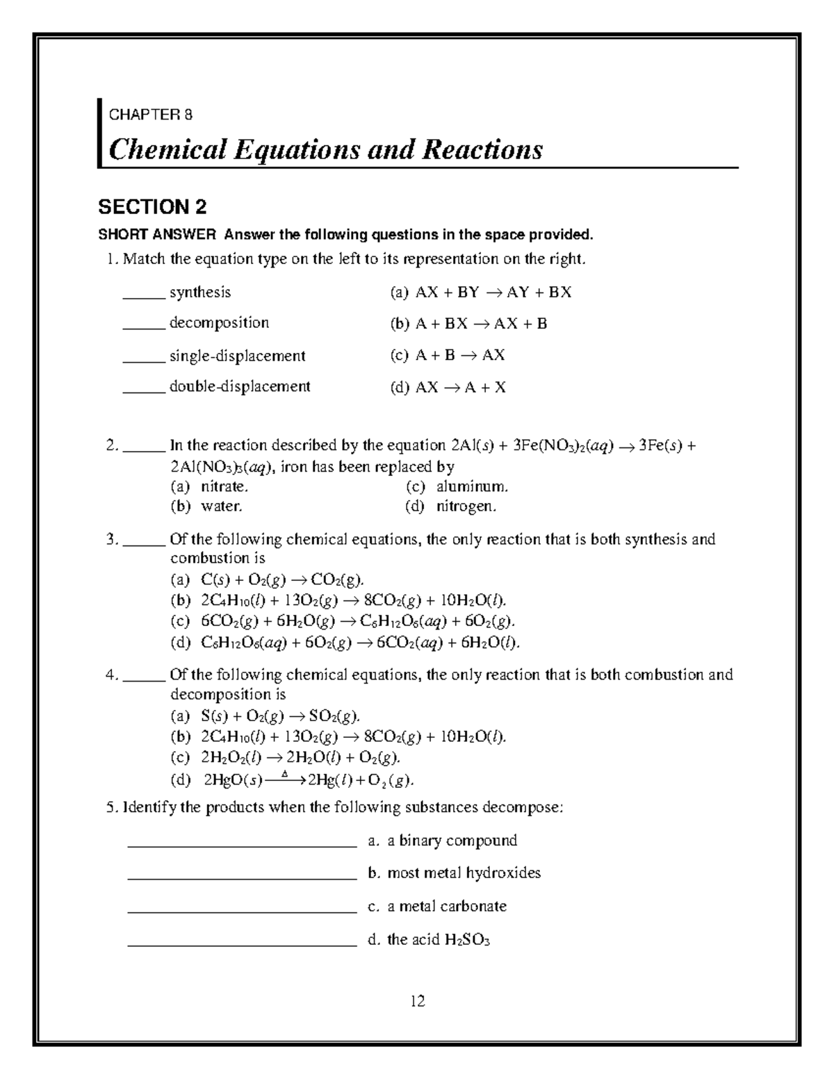 Chemistry worksheet grade 10 ch8 sec2 - 12 CHAPTER 8 Chemical Equations ...