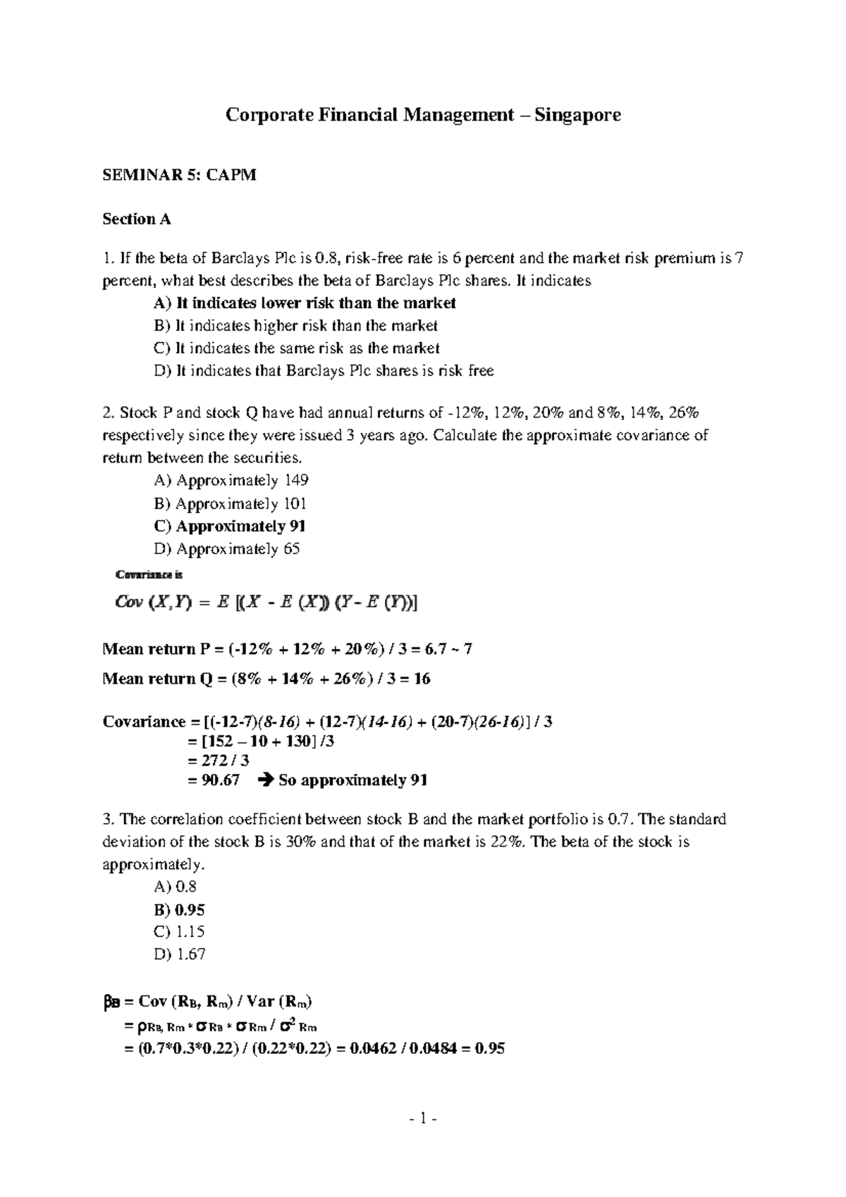 Cfm Seminar 5 Indicative Answers 19 Corporate Financial Management Singapore Seminar Capm Section If The Beta Of Barclays Plc Is Risk Free Rate Is Percent Studocu