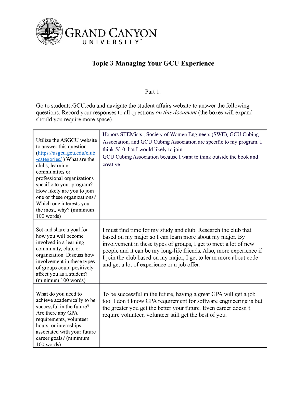UNV103 T3 Your GCU Experience TO Topic 3 Managing Your GCU Experience 