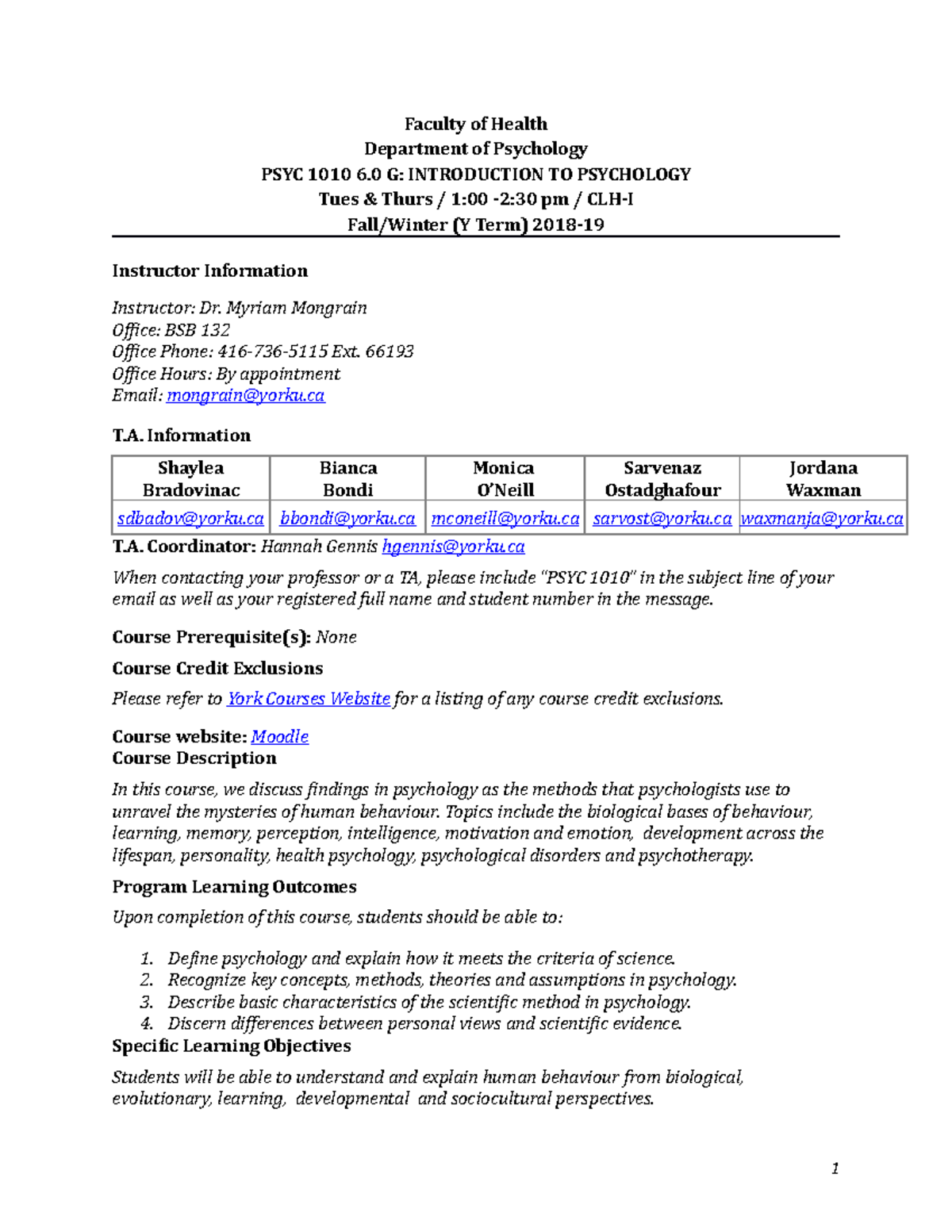 Psyc 1010 Syllabus G 2018 19 Faculty Of Health Department Of Psychology Psyc 1010 Introduction To Psychology Tues Amp Amp Thurs 00 30 Pm Clh Fall Winter Term Studocu