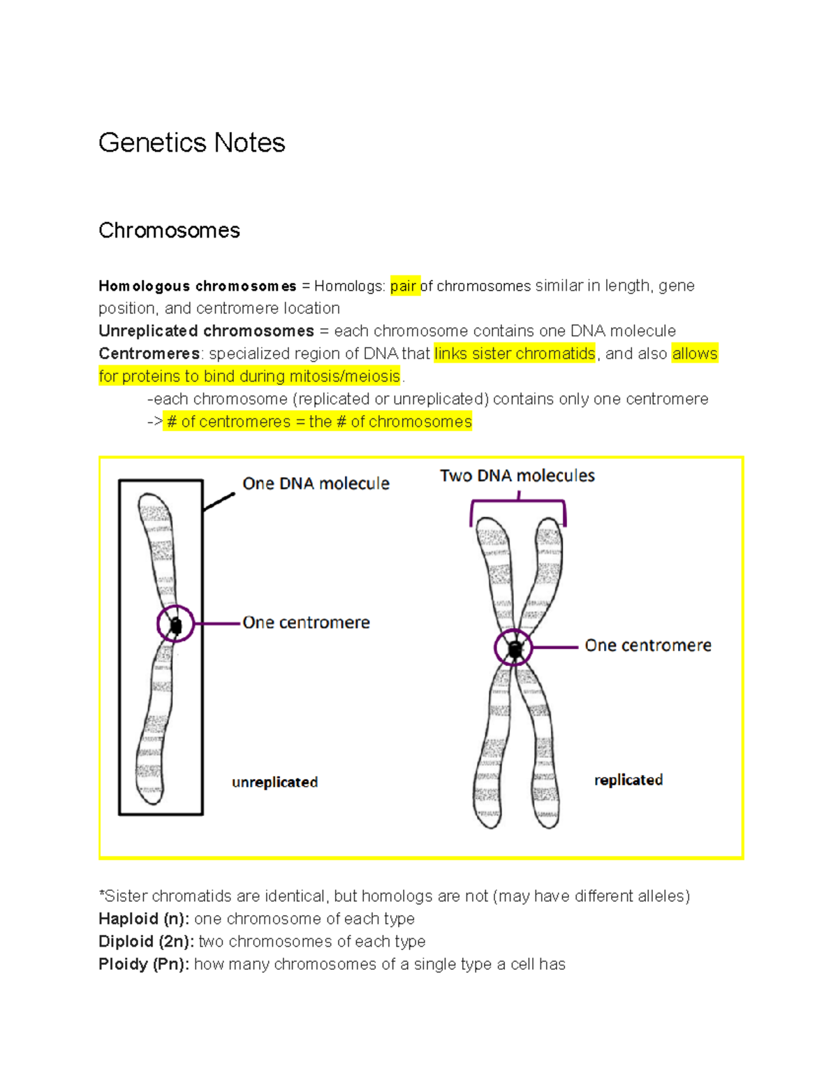 Intro to Genetics - Genetics Notes Chromosomes Homologous chromosomes ...