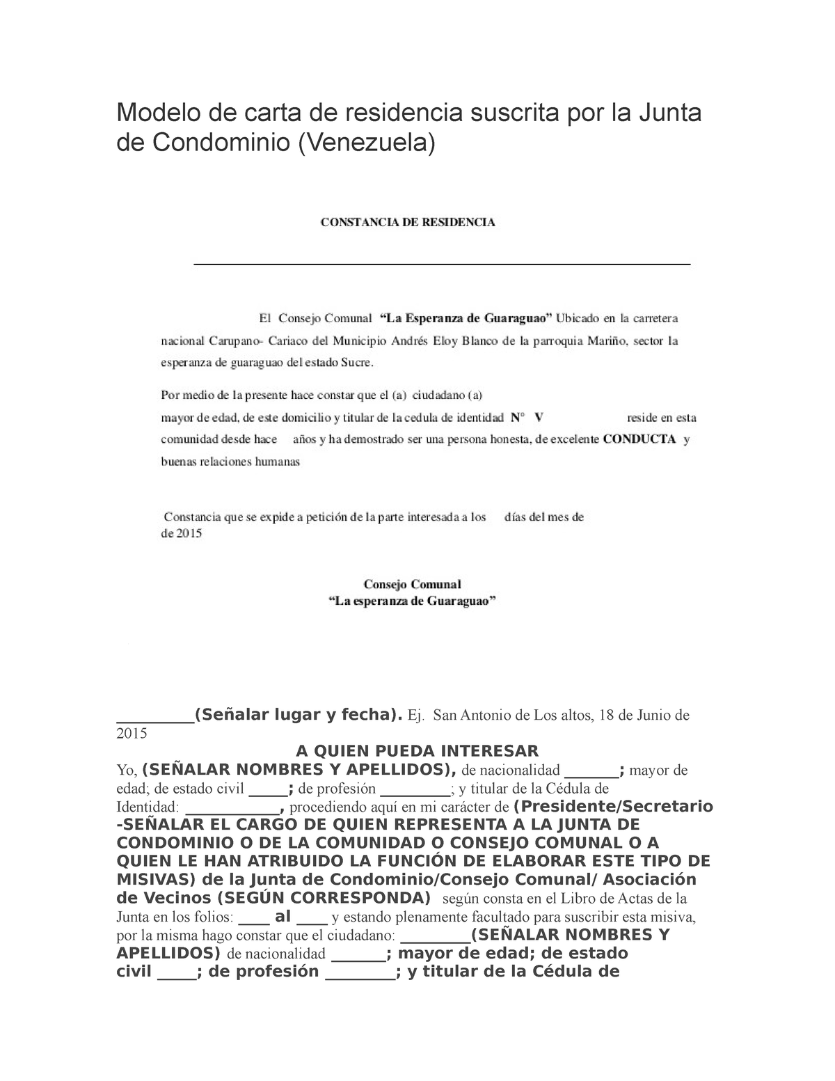 Modelo de carta de residencia suscrita por la Junta de Condominio - Modelo  de carta de residencia - Studocu