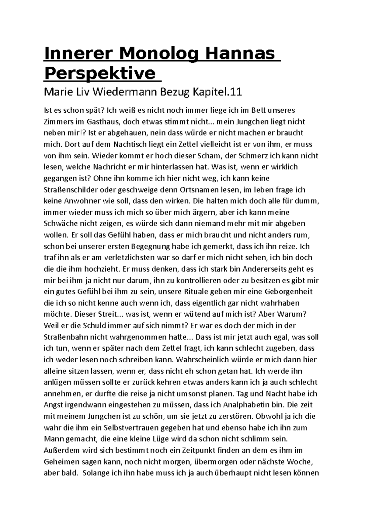 Klassenarbeit Innerer Monolog Beispieltexte Pdf Innerer Monolog Hannas Perspektive ,,Der Vorleser" - Deutsch - Studocu