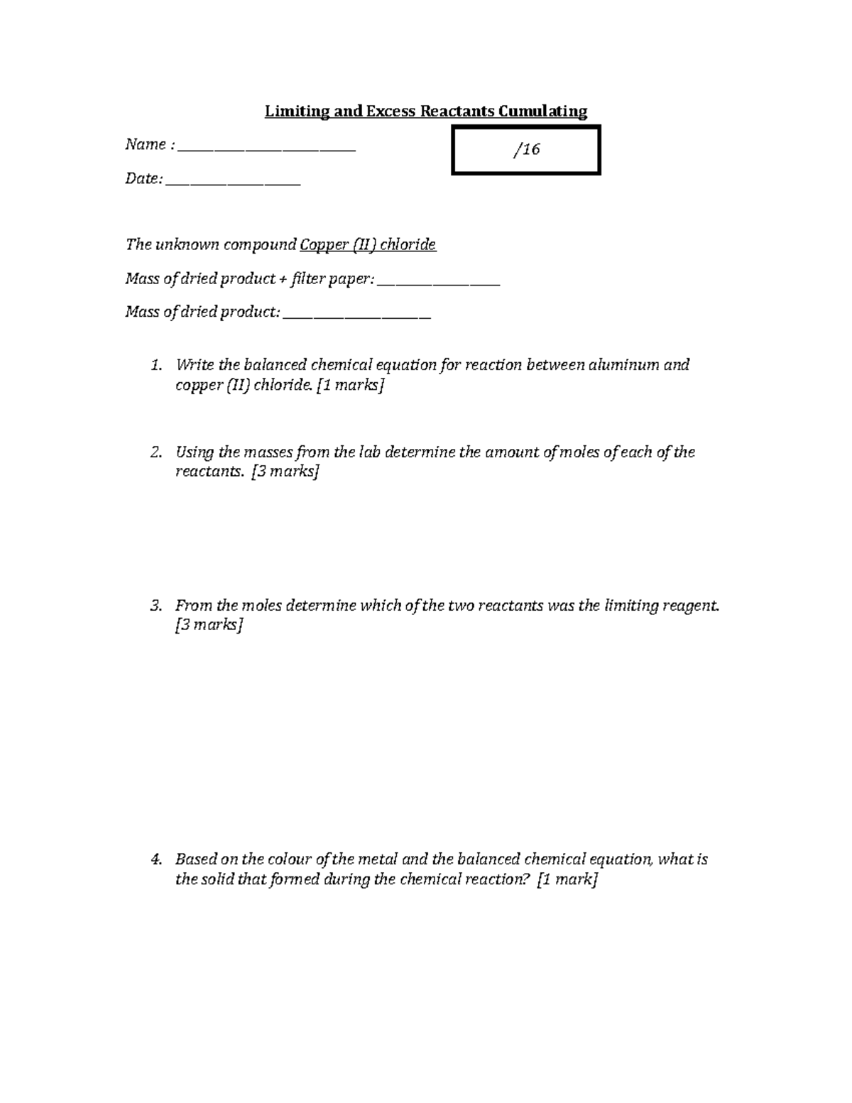 Limiting excess cumulating - Limiting and Excess Reactants Cumulating ...